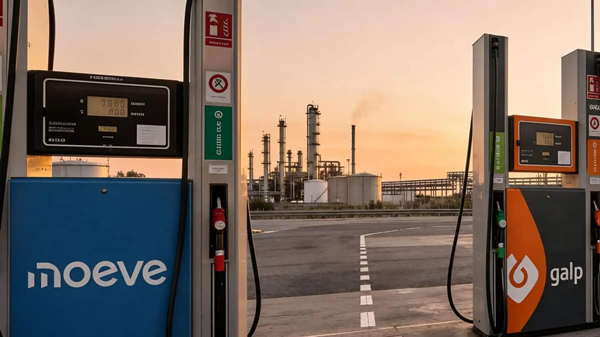 Moeve y Galp amplían el plazo para crear sus dos plataformas de refino y gasolineras en Iberia Surtidores de combustible de Moeve y Galp en una gasolinera con una refinería industrial al fondo