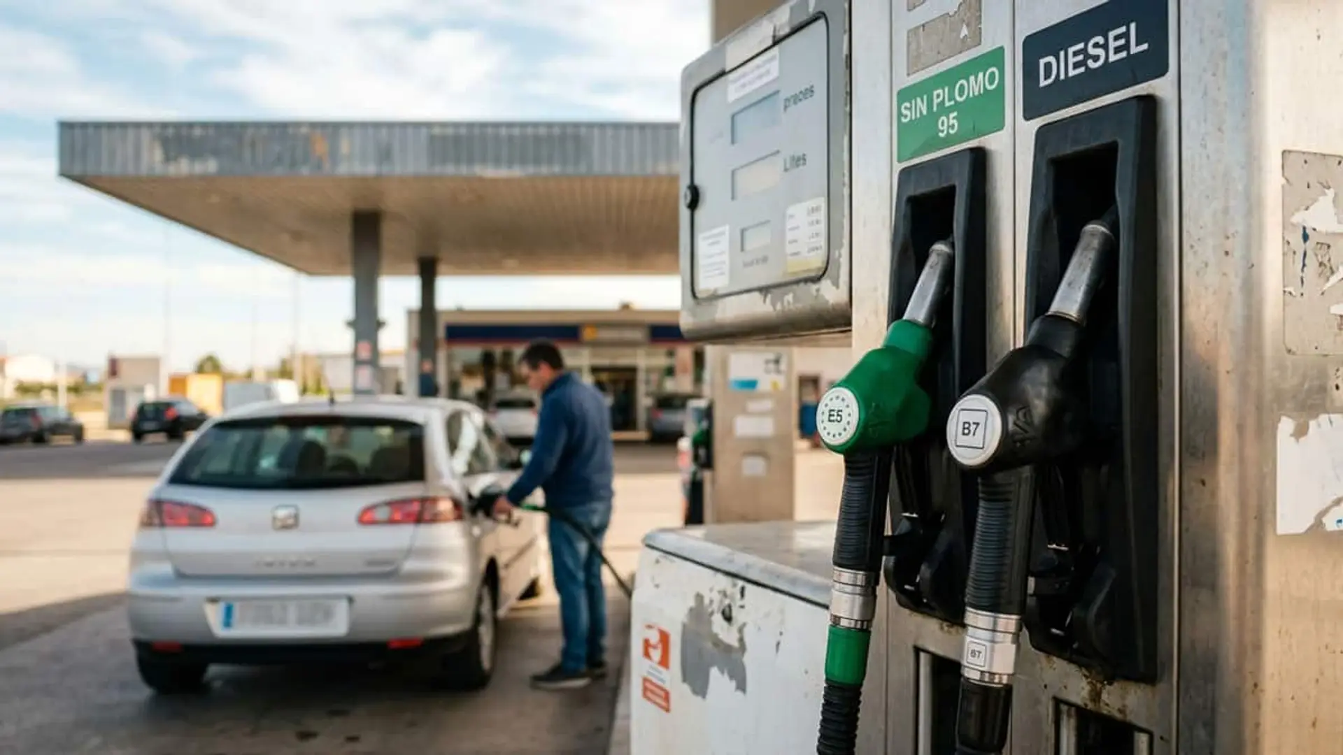 Surtidores de gasolina y diésel en primer plano mientras un conductor reposta su coche en una gasolinera