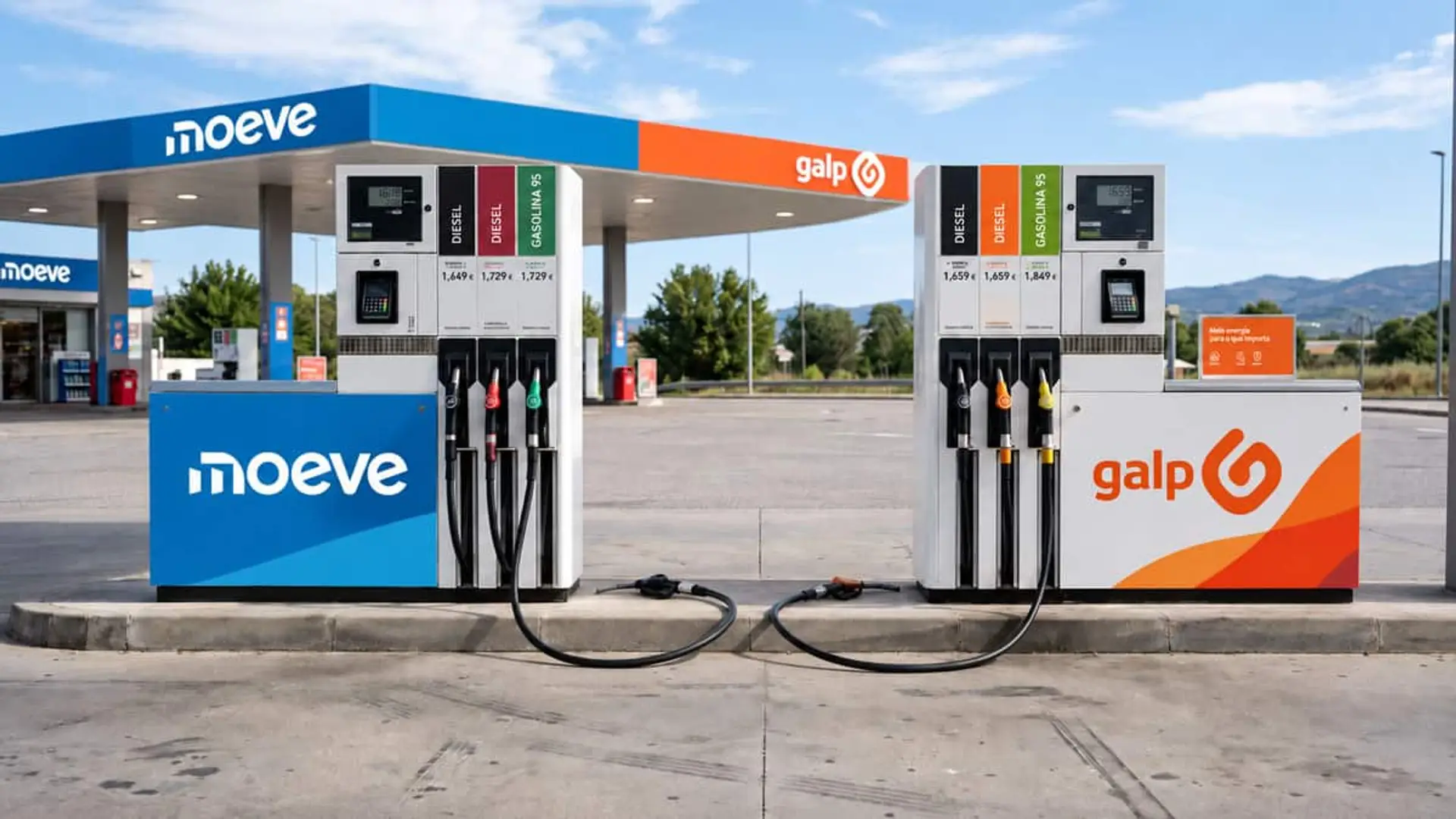 Moeve y Galp rompen negociaciones: Sines y la volatilidad, posibles causas de la ruptura Surtidores de gasolina y diésel de Moeve y Galp, con sus logotipos y precios de los carburantes en una estación de servicio.