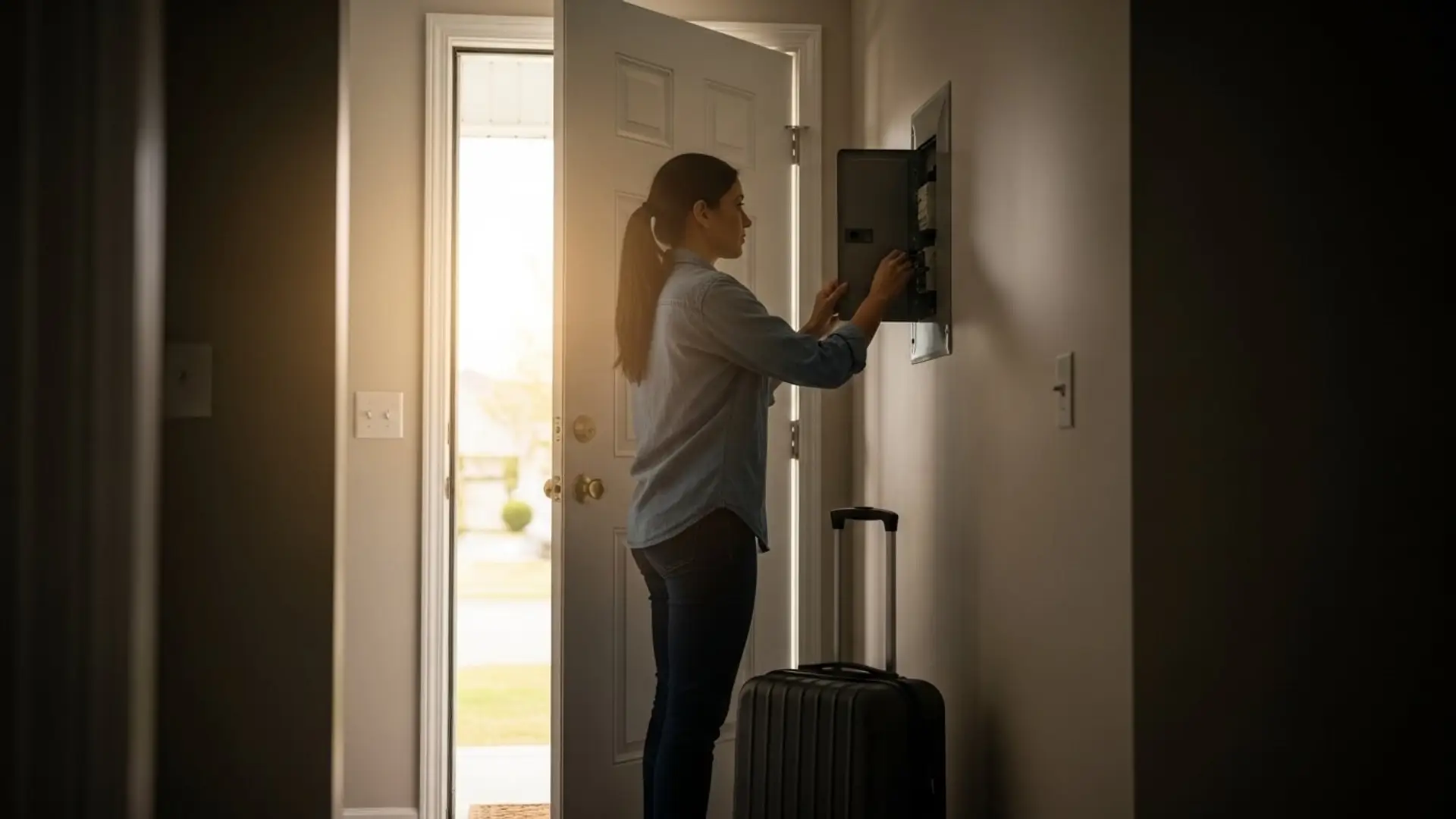 Mujer con una maleta a punto de irse de vacaciones, desconectando la corriente en el cuadro eléctrico para más seguridad.