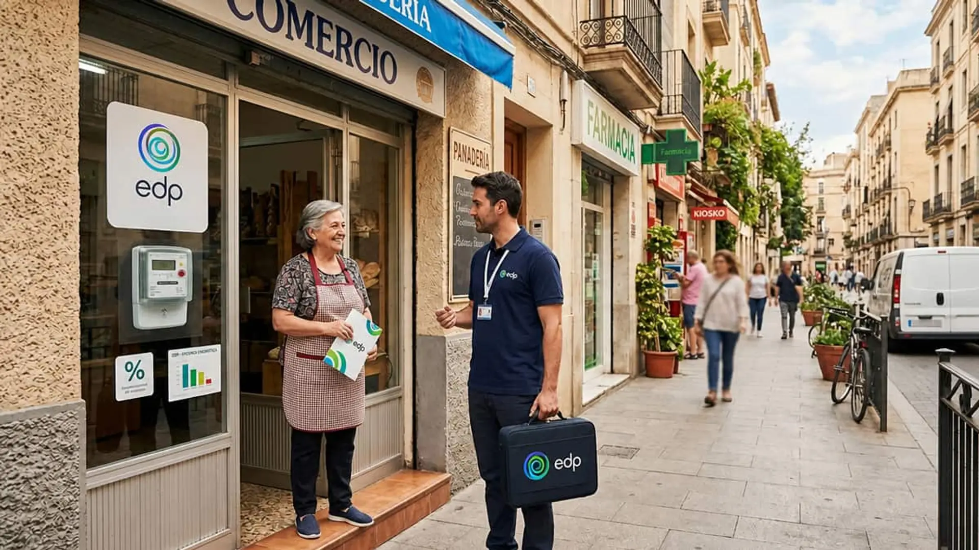 Técnico de EDP hablando con la propietaria de un comercio junto a un contador de luz