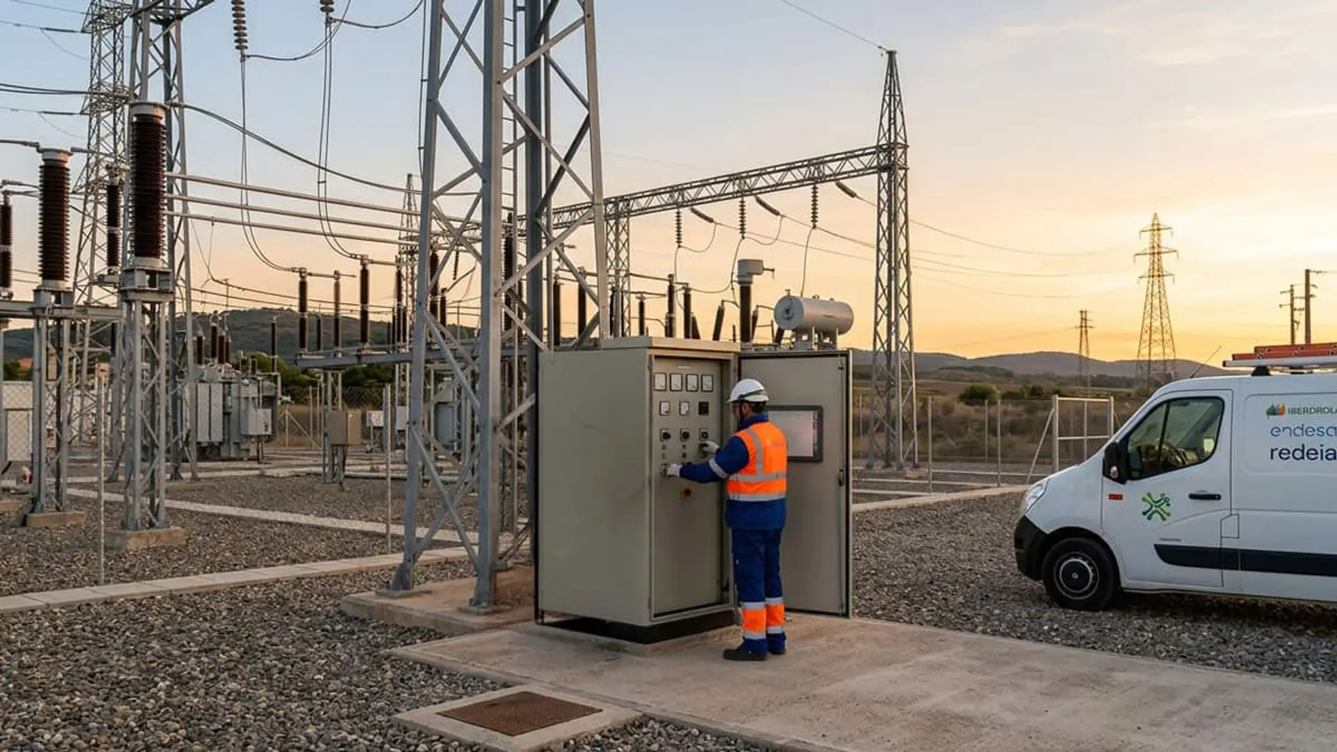 Técnico trabajando en una subestación eléctrica junto a un cuadro de control y una furgoneta de empresas del sector energético