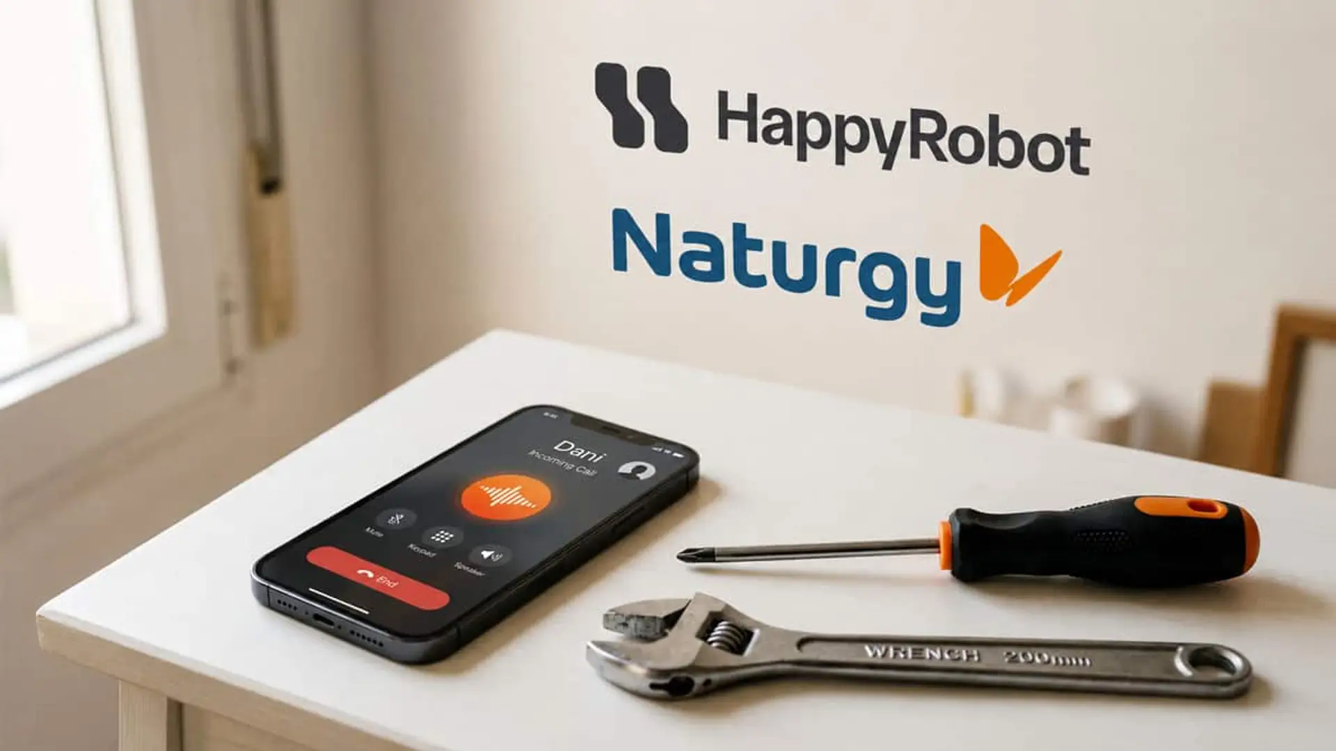 Móvil con una llamada en pantalla sobre una mesa junto a herramientas, con los logotipos de HappyRobot y Naturgy al fondo