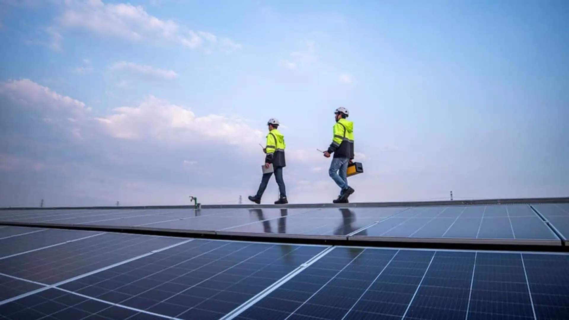 Dos técnicos con casco y chaleco de seguridad inspeccionan una instalación de paneles solares en cubierta industrial.
