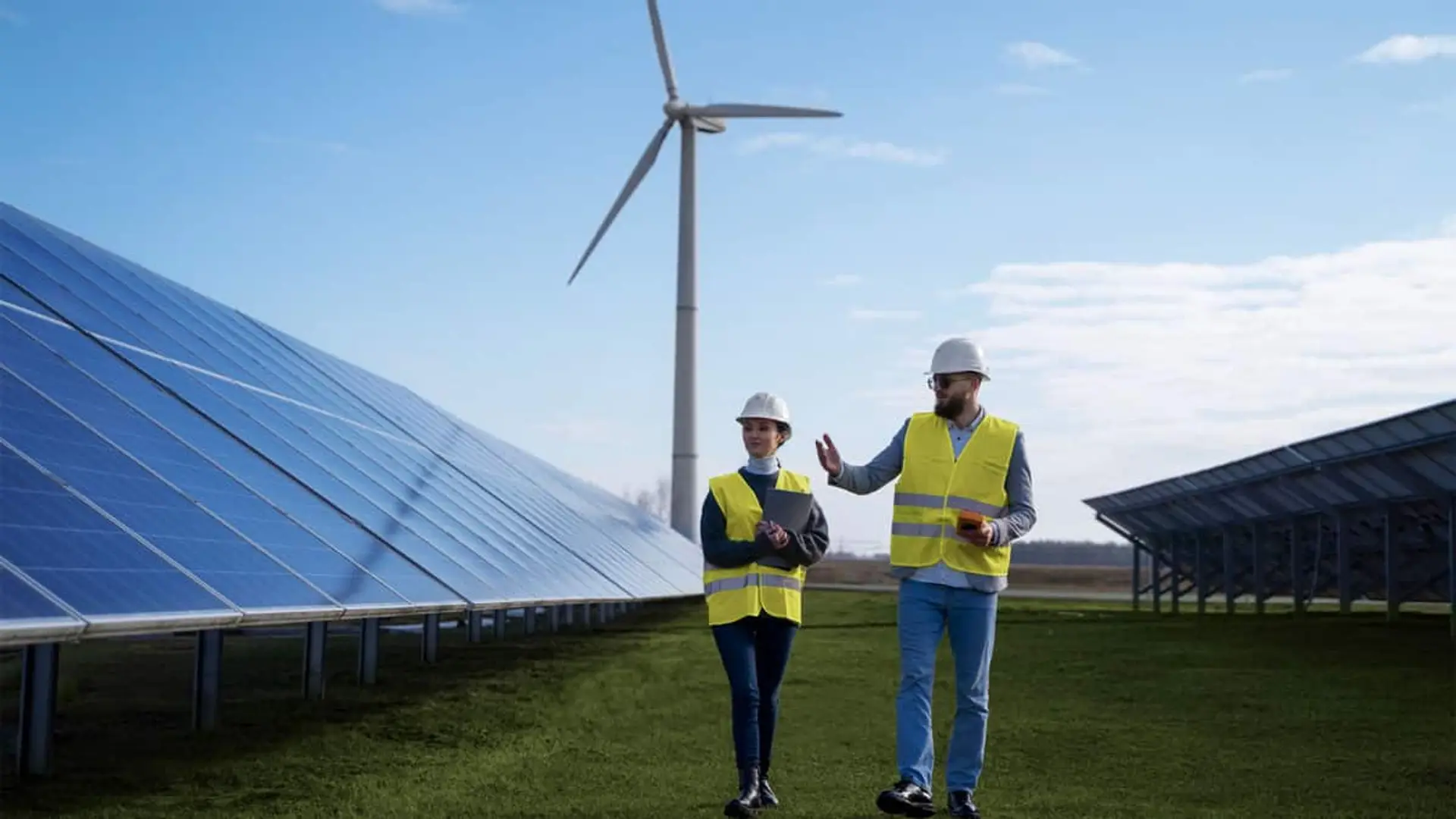 Casi medio millón de empleos hasta 2040 gracias a la transición energética: así afectarán el hidrógeno y las renovables Dos técnicos con chaleco reflectante inspeccionando un parque solar con aerogeneradores al fondo.