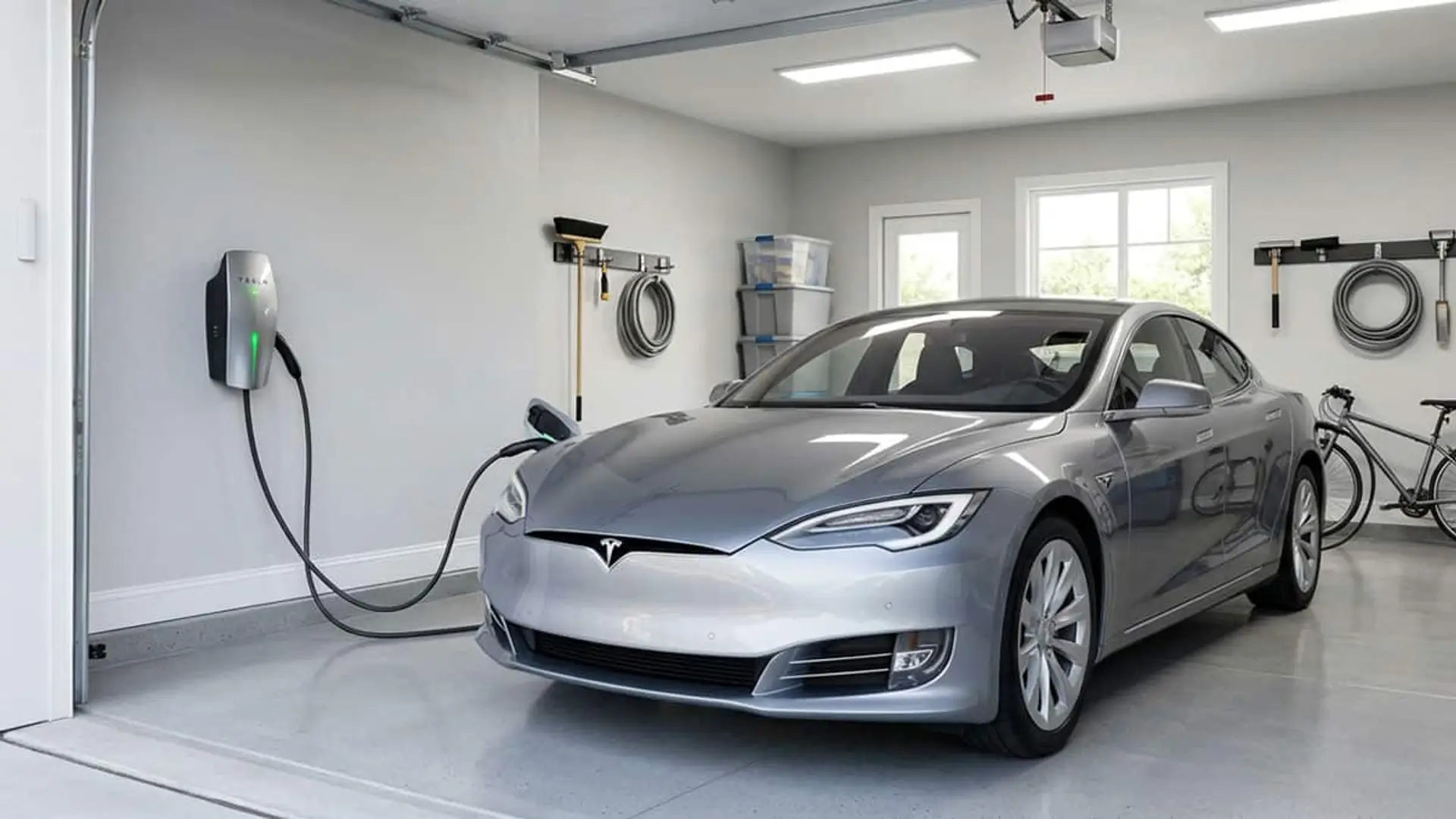 Coche Tesla cargando en un garaje doméstico con un cargador instalado en la pared