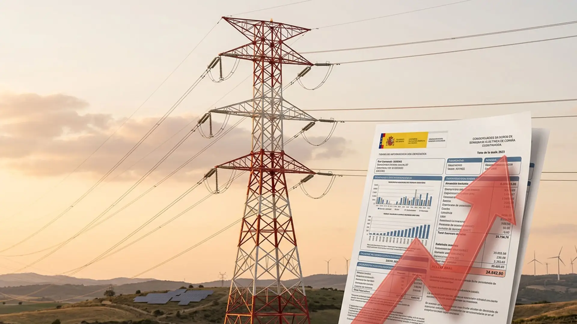 Torre de alta tensión junto a una factura de electricidad con una flecha roja ascendente