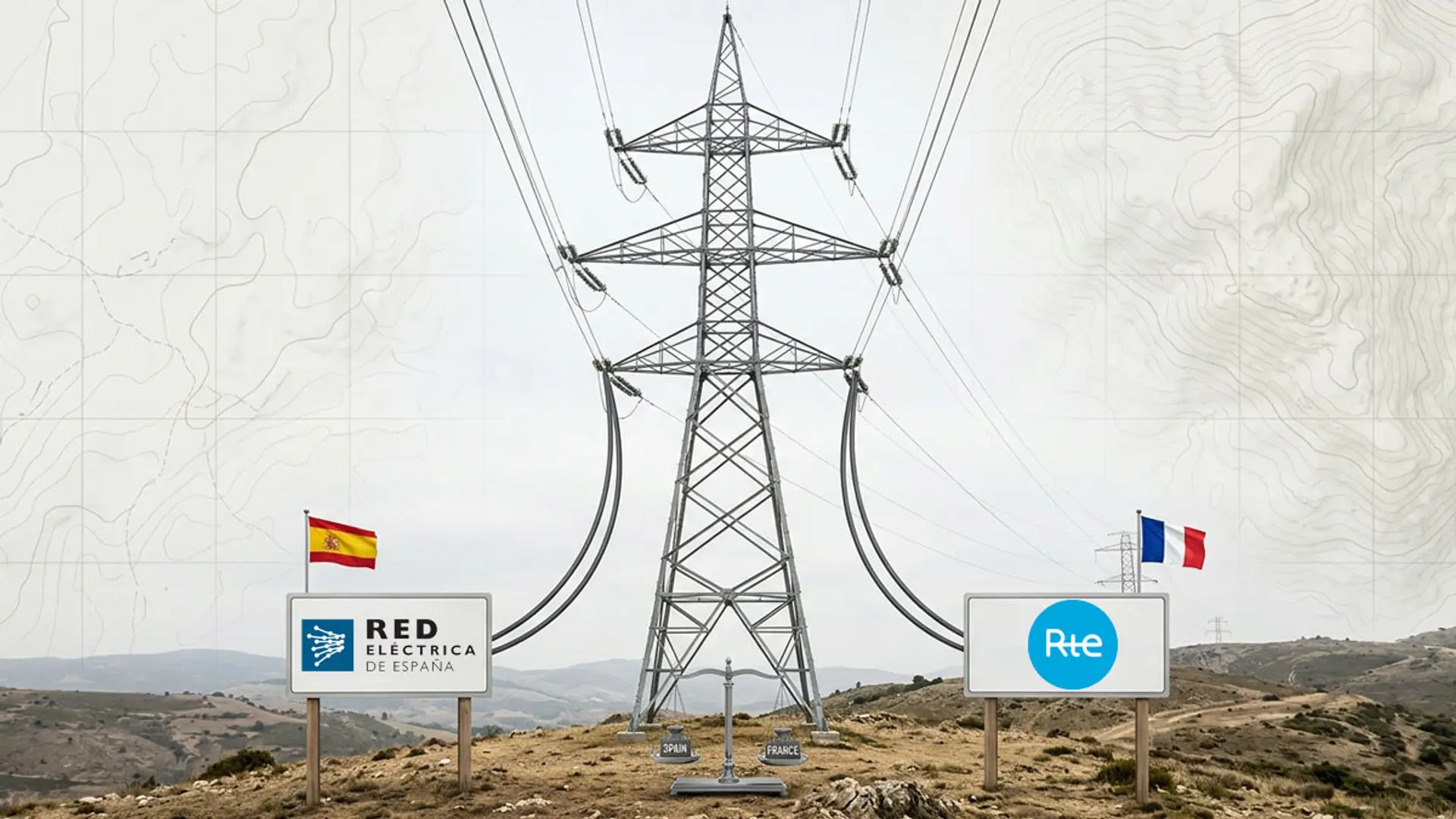 Torre de alta tensión con carteles de Red Eléctrica y RTE junto a las banderas de España y Francia