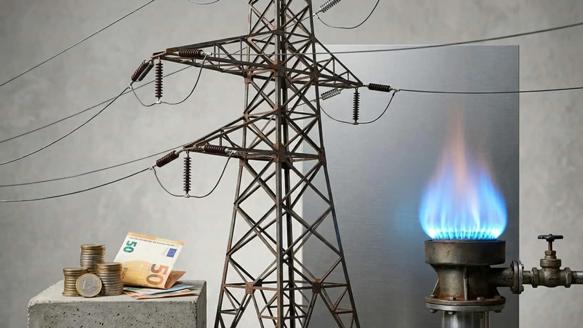 Torre eléctrica junto a una tubería con una llama de gas y dinero en euros
