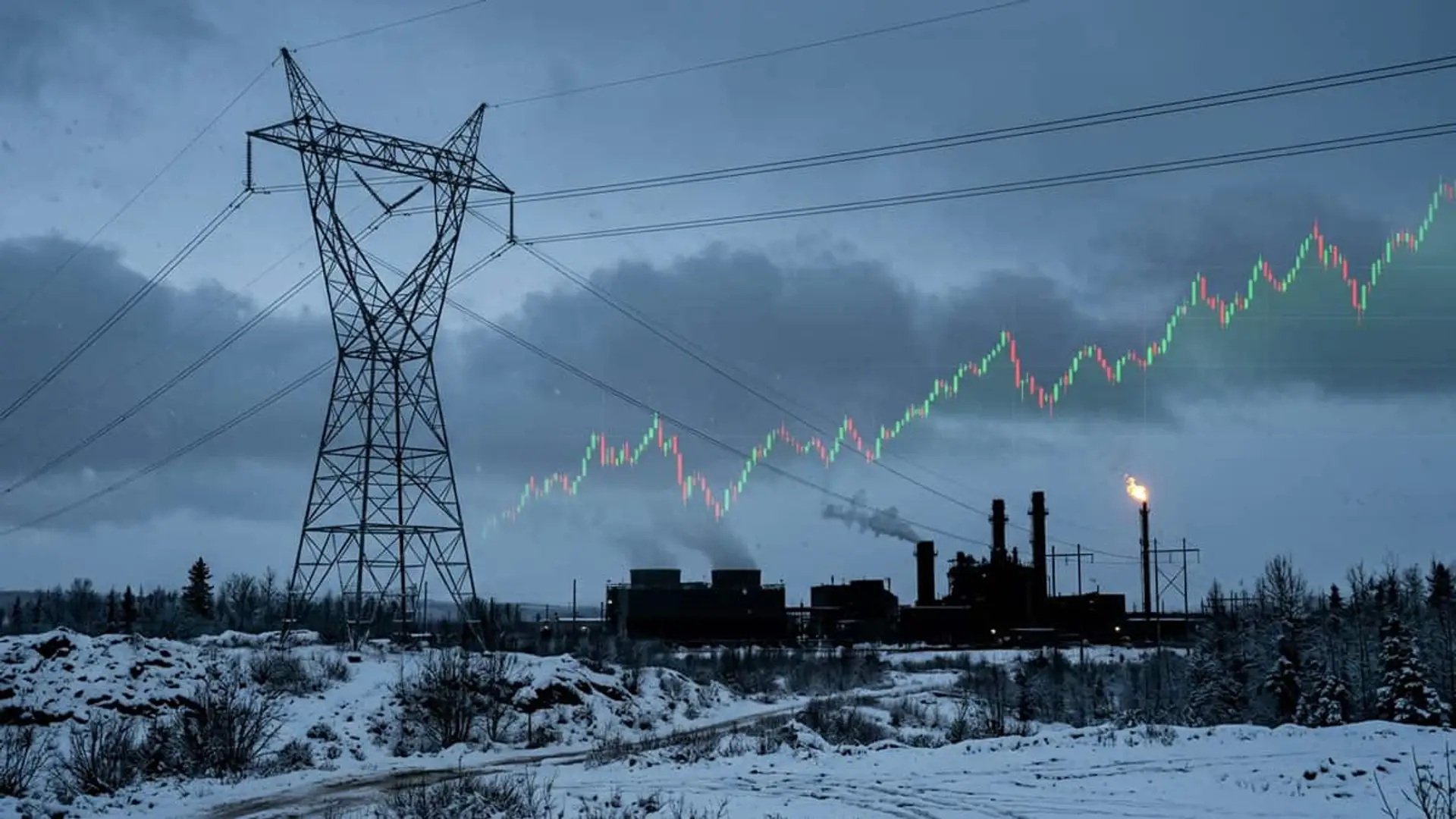El precio de la luz para este invierno se dispara casi un 40% en los mercados de futuros Torre de alta tensión y planta industrial junto a un gráfico ascendente de precios de la energía