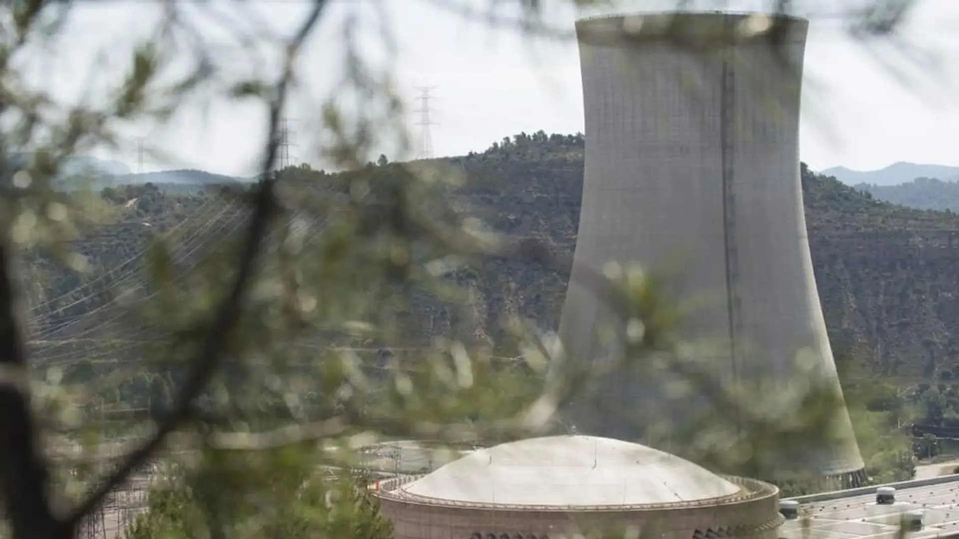 Torre de refrigeración de una central nuclear vista entre árboles y montañas.