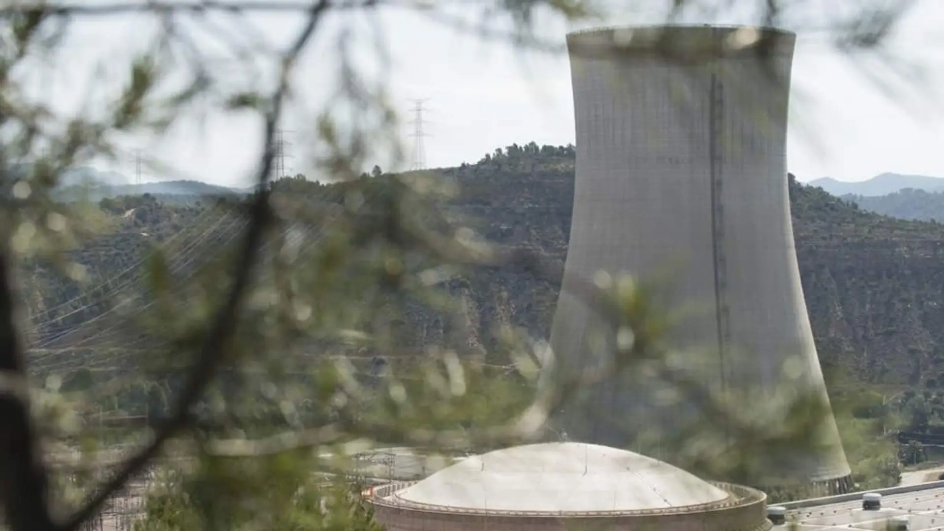 Torre de refrigeración de una central nuclear en un entorno natural.