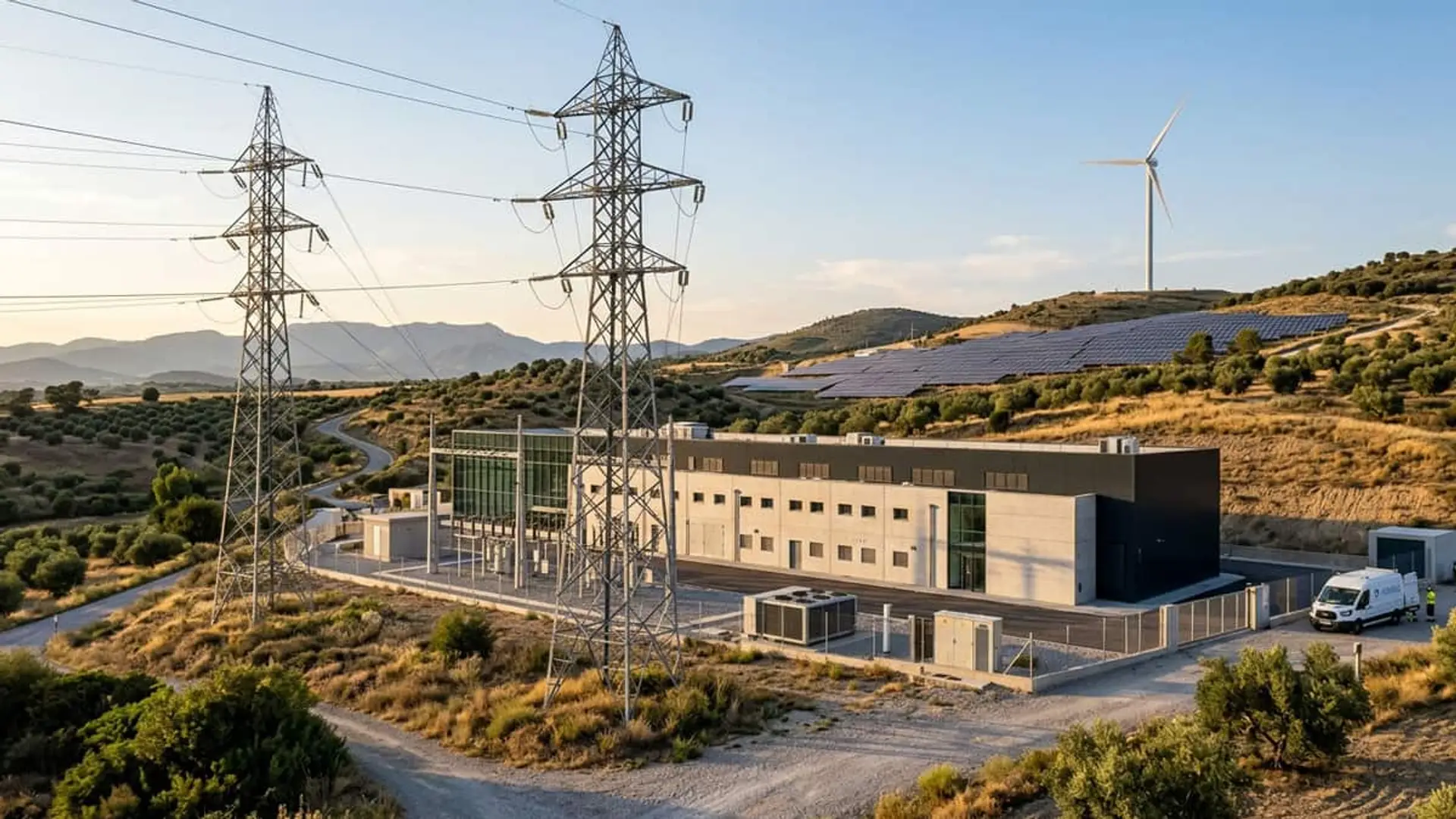 Iberdrola, Endesa y EDP avisan al Gobierno: su decreto de centros de datos arriesga la inversión en España Centro de datos junto a torres eléctricas, paneles solares y un aerogenerador