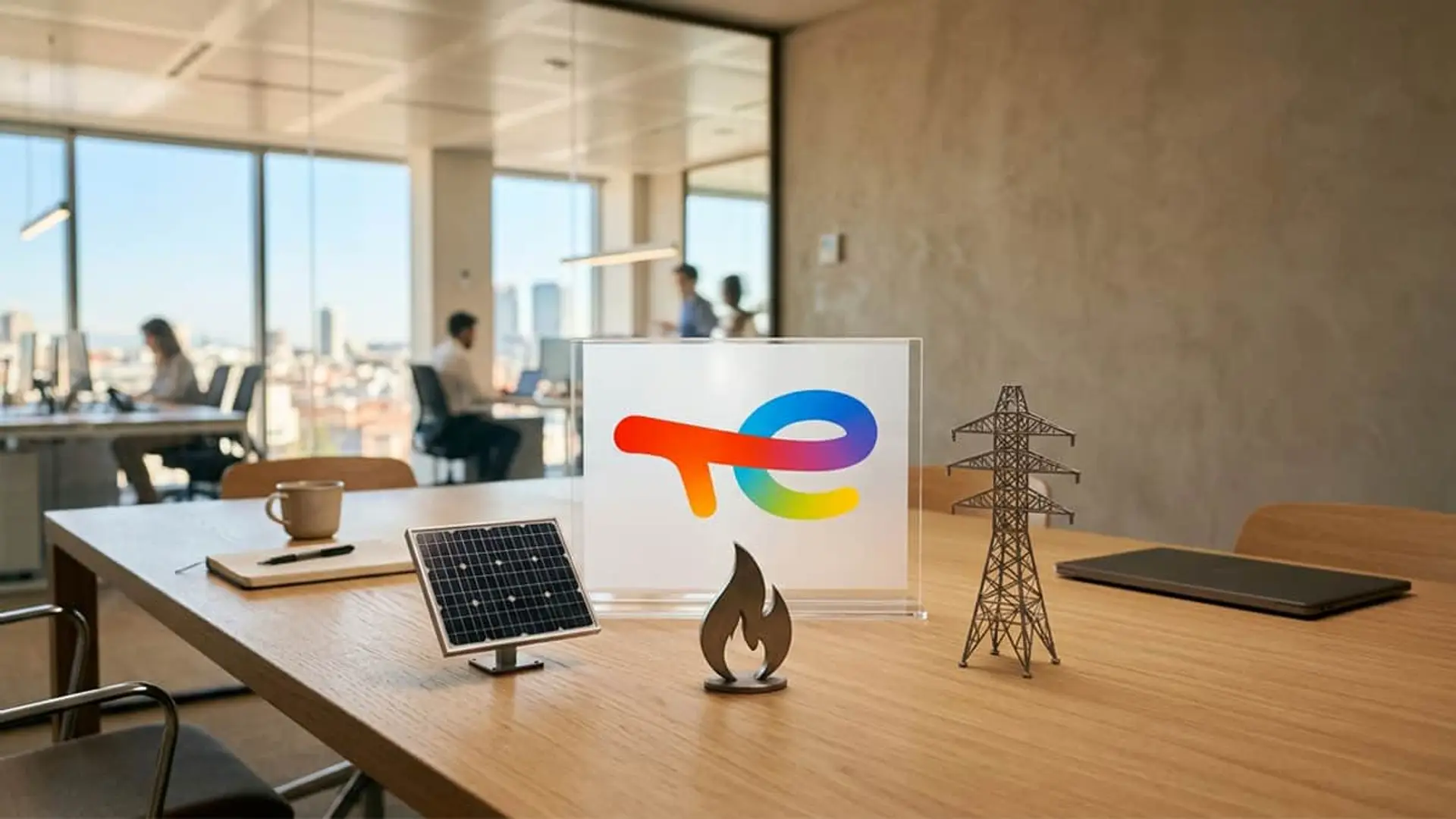 TotalEnergies unifica gas, electricidad y renovables en España bajo la dirección de Pablo Semolinos Logo de TotalEnergies junto a un panel solar, una llama de gas y una torre eléctrica sobre una mesa de oficina.
