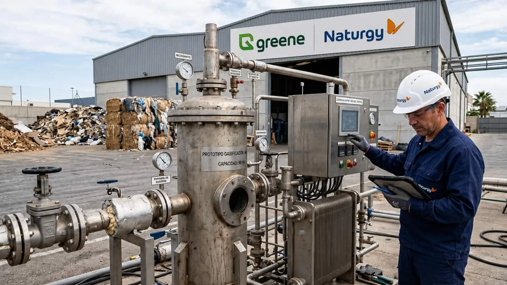 Naturgy prueba en Elche su planta de biometano junto a Greene: así procesa 10 kilos de residuos por hora Trabajador de Naturgy junto a un prototipo gasificador industrial y residuos apilados en una planta de Greene