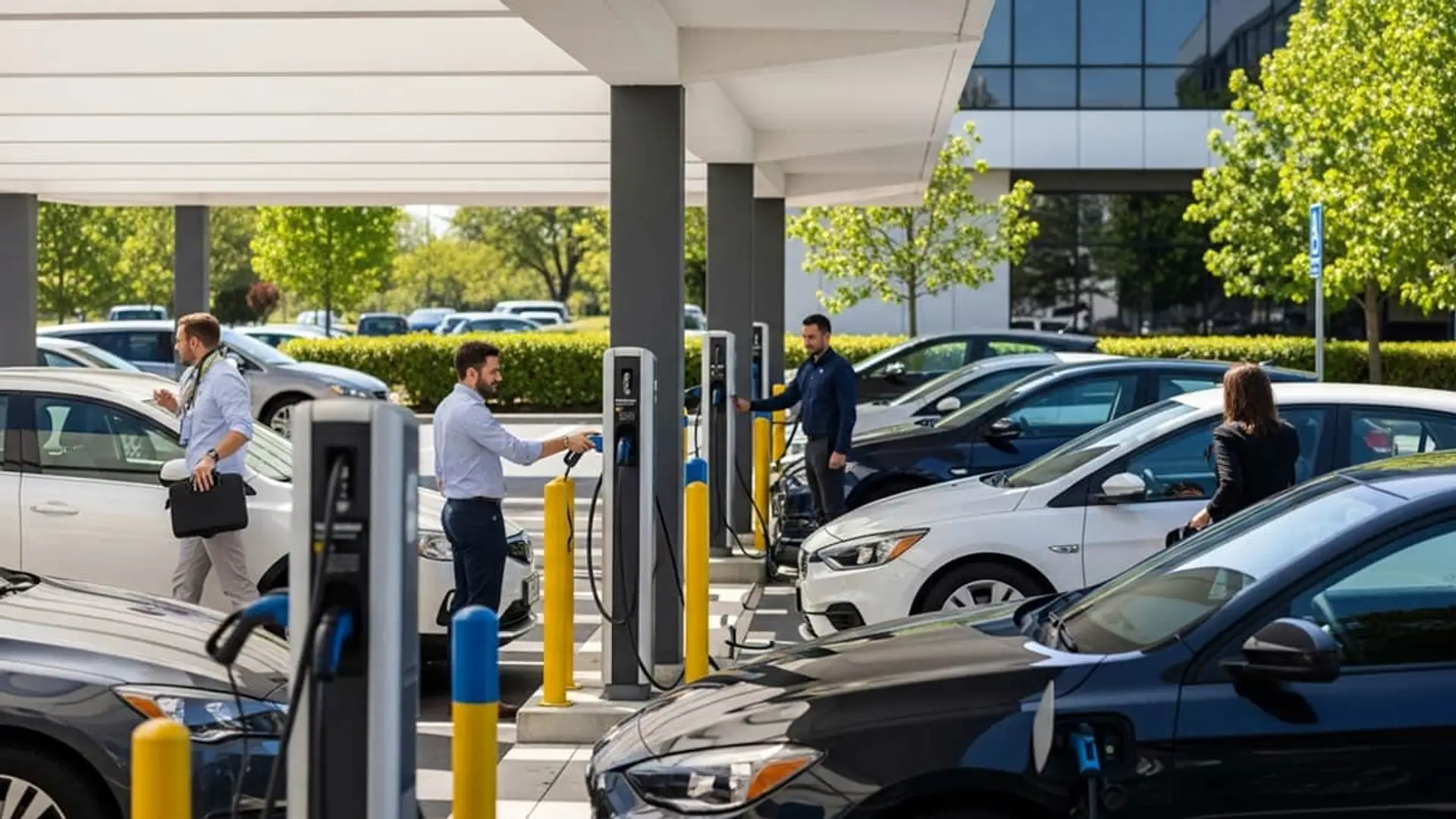 Claves de la Ley de Movilidad Sostenible: así impulsan el coche eléctrico y cambian las etiquetas de la DGT Personas conectando coches eléctricos a cargadores en el aparcamiento de una empresa.
