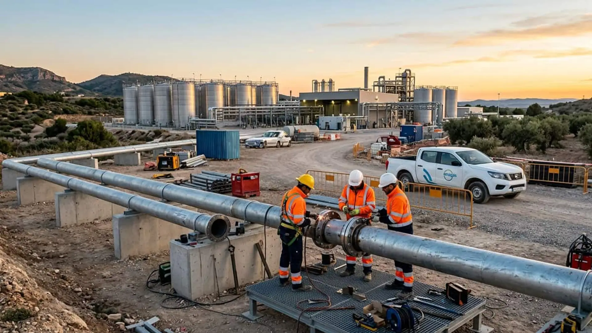 Trabajadores instalando tuberías junto a una planta industrial de energía