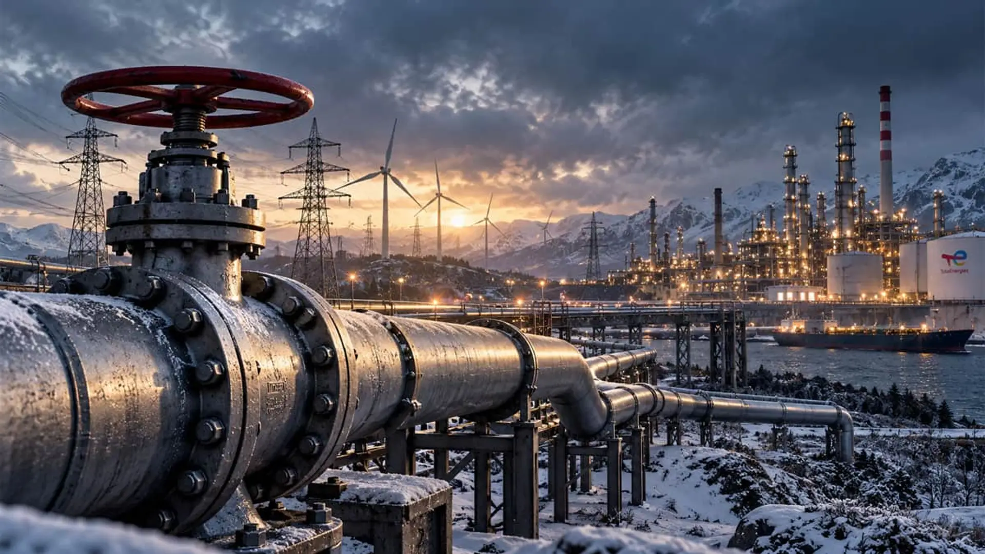 Tubería de gas junto a planta energética, aerogeneradores y red eléctrica en un paisaje nevado.