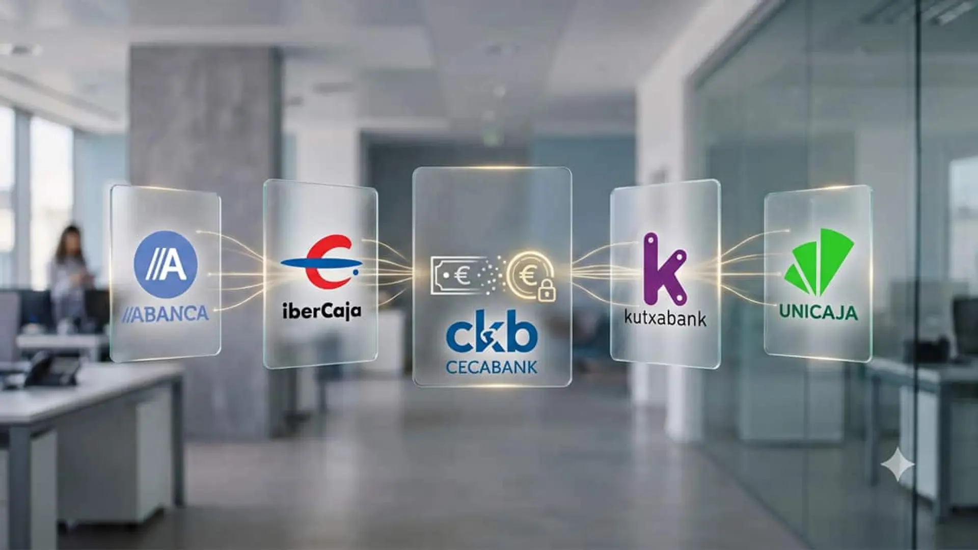Qué son los depósitos tokenizados que Abanca, Cecabank, Ibercaja, Kutxabank y Unicaja acaban de probar con éxito Logos de Abanca, Ibercaja, Cecabank, Kutxabank y Unicaja conectados mediante líneas luminosas junto a símbolos de euros y un candado digital