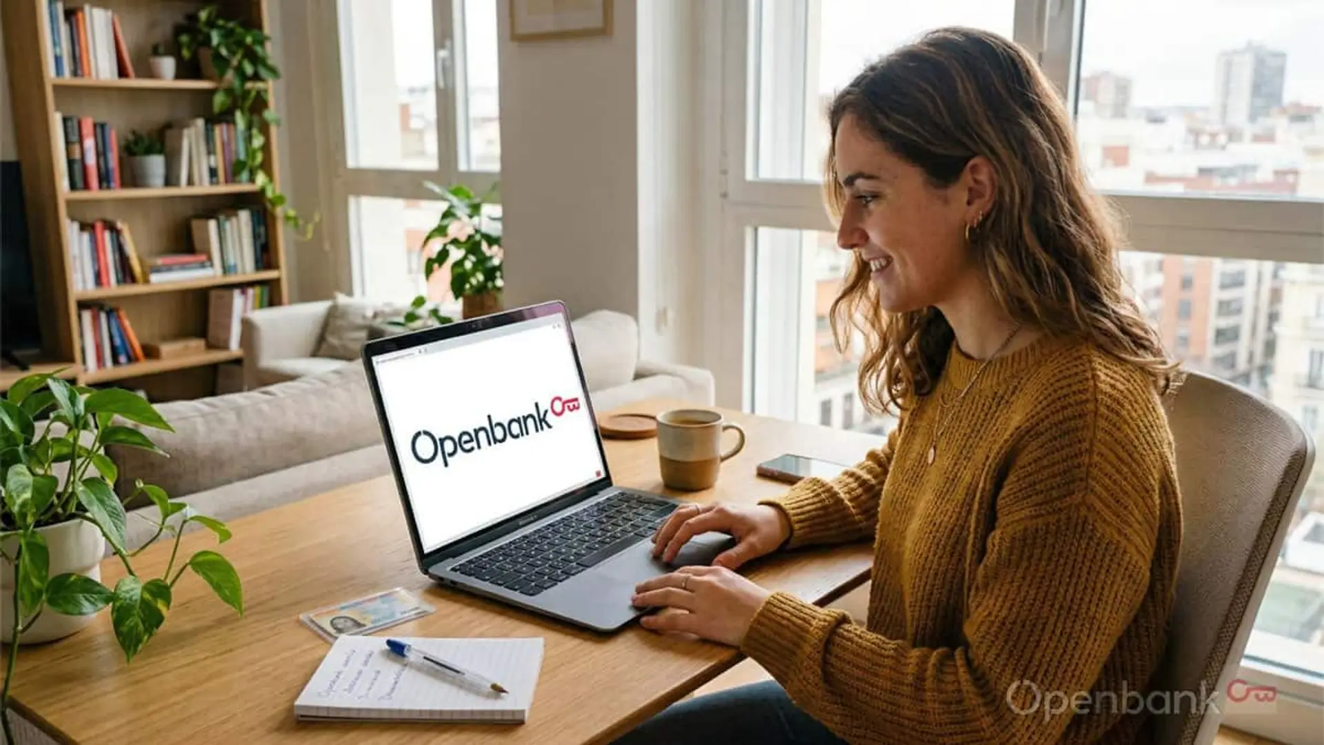 Mujer utilizando un ordenador portátil con la página de Openbank abierta para gestionar su cuenta bancaria online desde casa.
