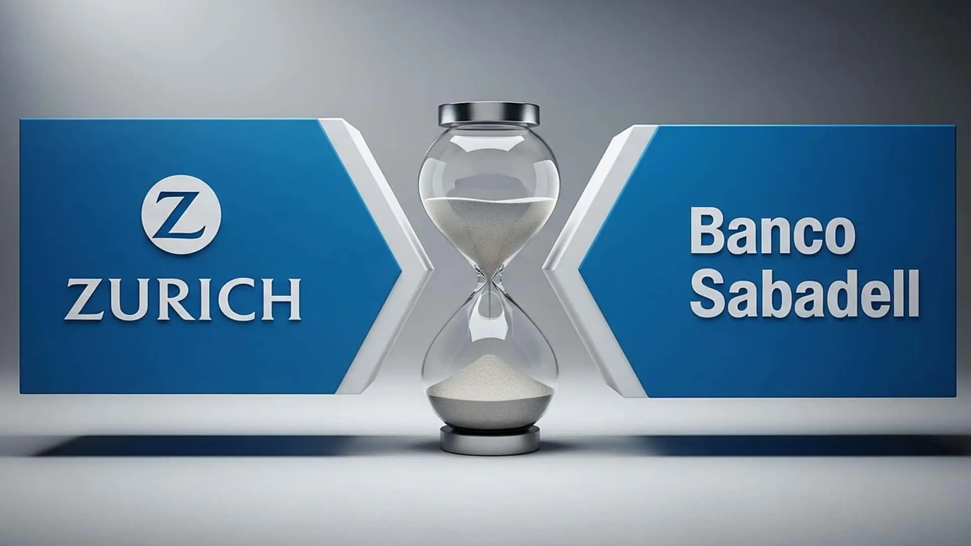 Logos de Zurich y Banco Sabadell separados por un reloj de arena.