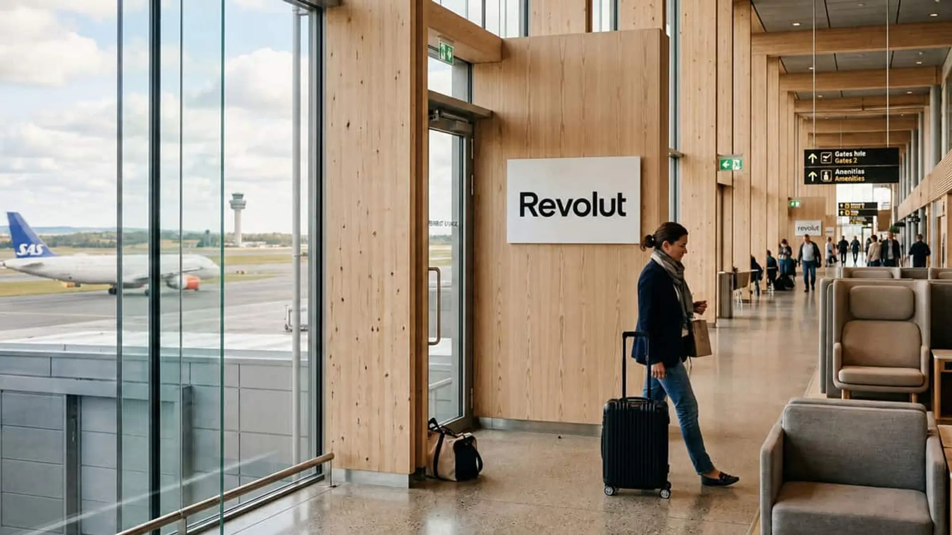 Revolut abrirá sus propias salas VIP en aeropuertos a partir de 2027: prometen ser “atrevidas y atractivas” Viajera con una maleta junto a un cartel de Revolut en la terminal de un aeropuerto