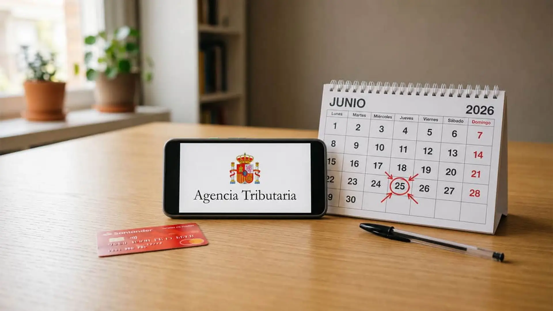 El plazo para domiciliar el pago de la Renta termina ya: qué pasa si lo pierdes Móvil con logo de Agencia Tributaria junto a calendario de junio 2026 con el día 25 marcado.