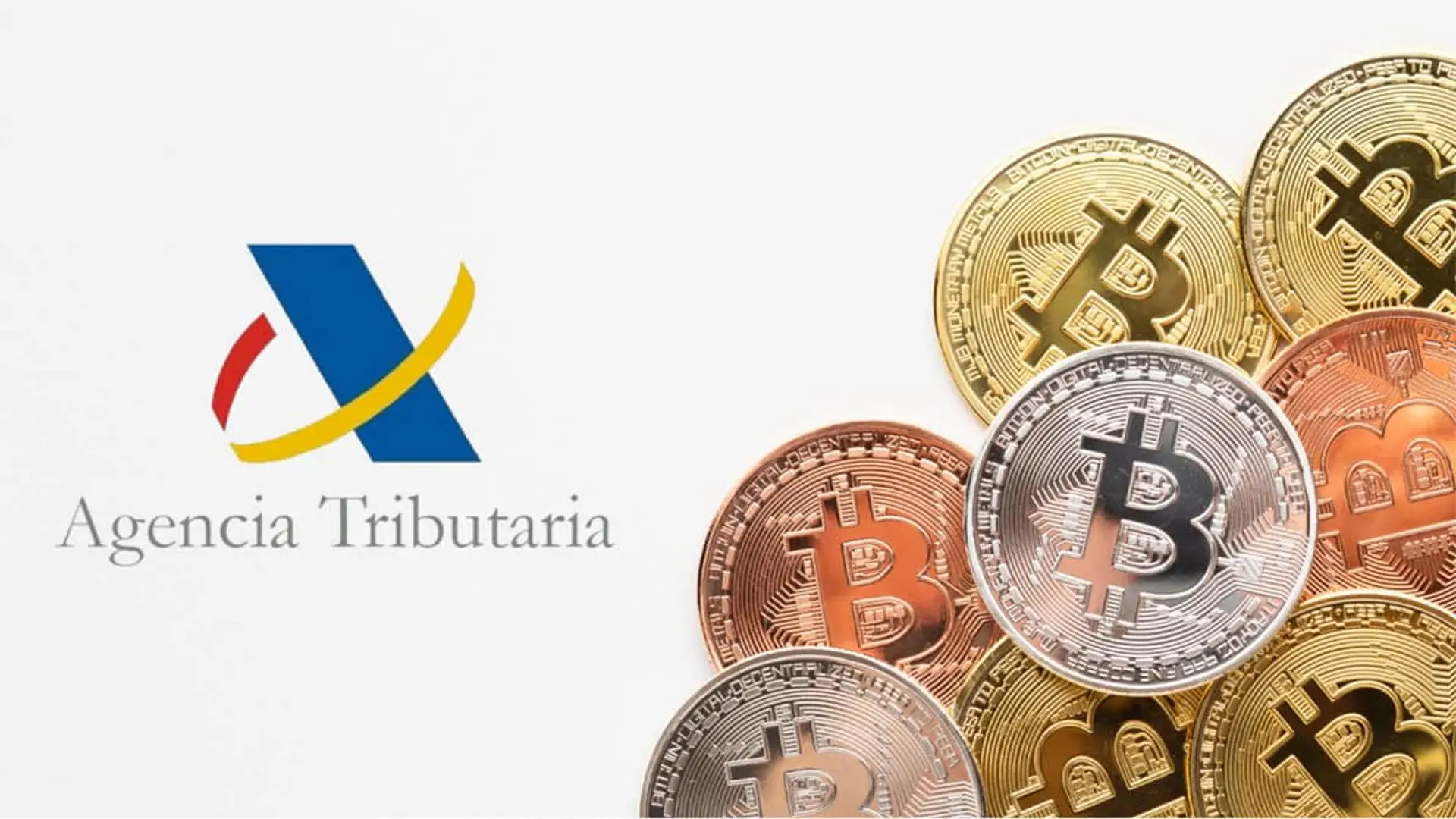Hacienda va en serio con las criptomonedas: prepara multas y cierre de cuentas por ocultar datos Logo de la Agencia Tributaria junto a criptomonedas de Bitcoin.