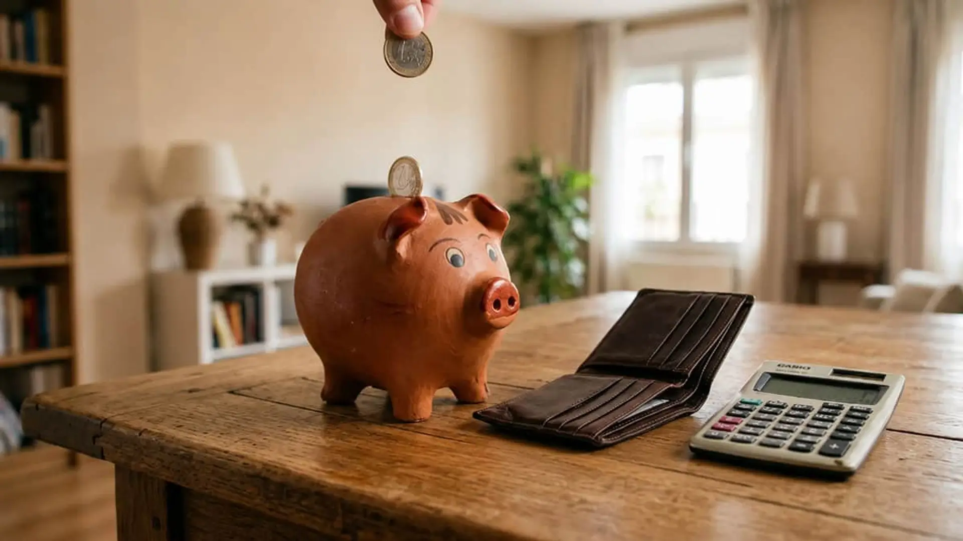 Solo el 12% de los hogares españoles destina dinero a ahorrar o invertir Hucha con monedas, cartera y calculadora sobre una mesa para representar el ahorro familiar