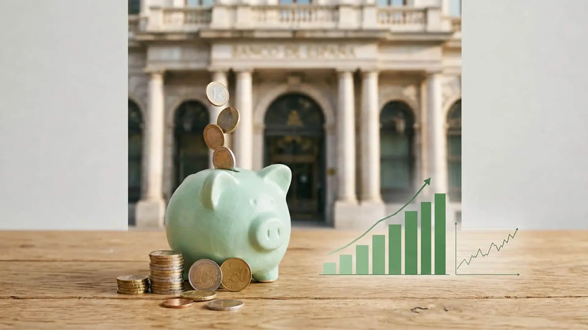 Los hogares europeos ahorran más que antes de la pandemia y siguen sin gastar Hucha con monedas y gráficos de crecimiento financiero frente a un banco, símbolo de ahorro e inversión.