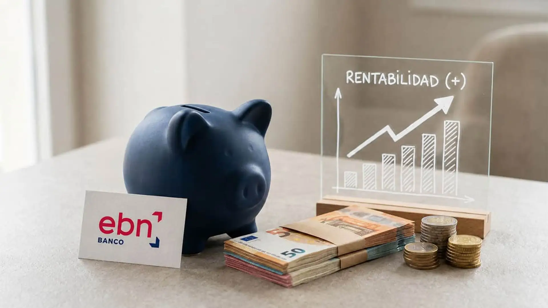 Ahorro e inversión rentable con hucha, euros y gráfico ascendente de Banco EBN.