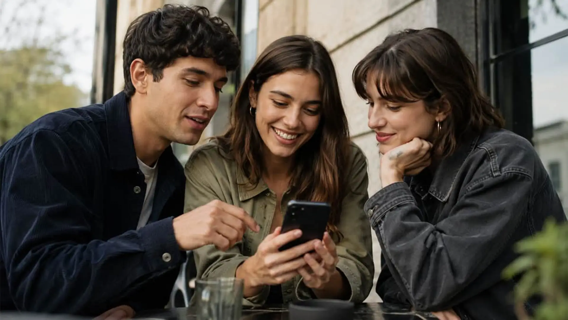 Por qué los jóvenes prueban neobancos sin dudarlo pero siguen prefiriendo Mapfre cuando se trata de seguros Tres amigos sonríen mirando un móvil en una cafetería y comparten contenido digital