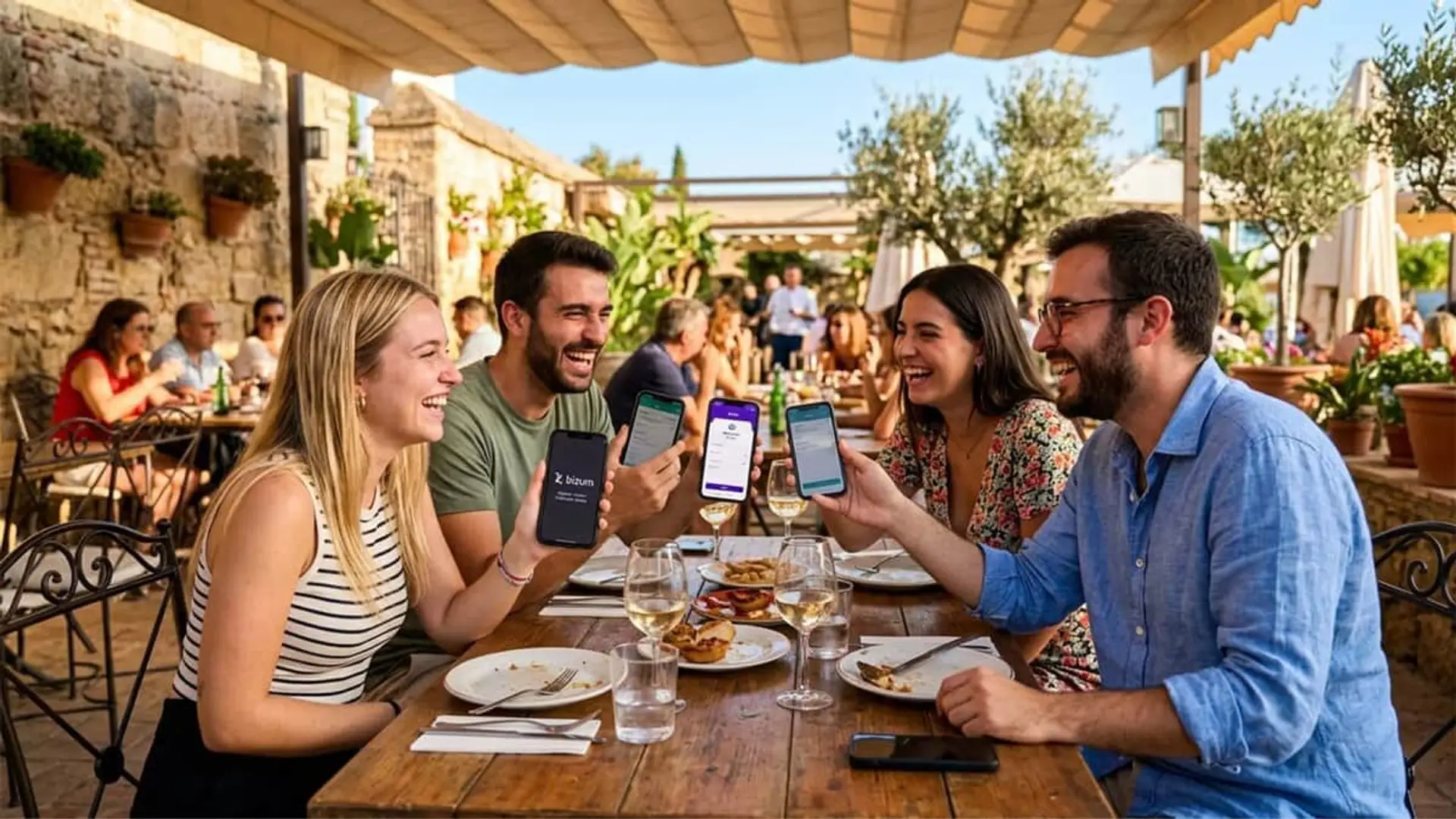 Bizum ya mueve el 35% de los pagos entre particulares en España: la nueva forma de pagar entre jóvenes Amigos usan Bizum en un restaurante al aire libre para pagar y compartir gastos