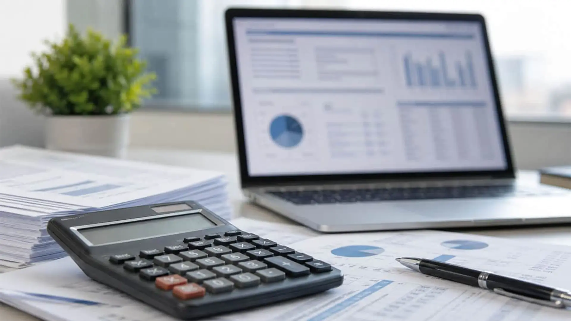 Análisis financiero con calculadora, informes y gráficos en portátil sobre escritorio de oficina