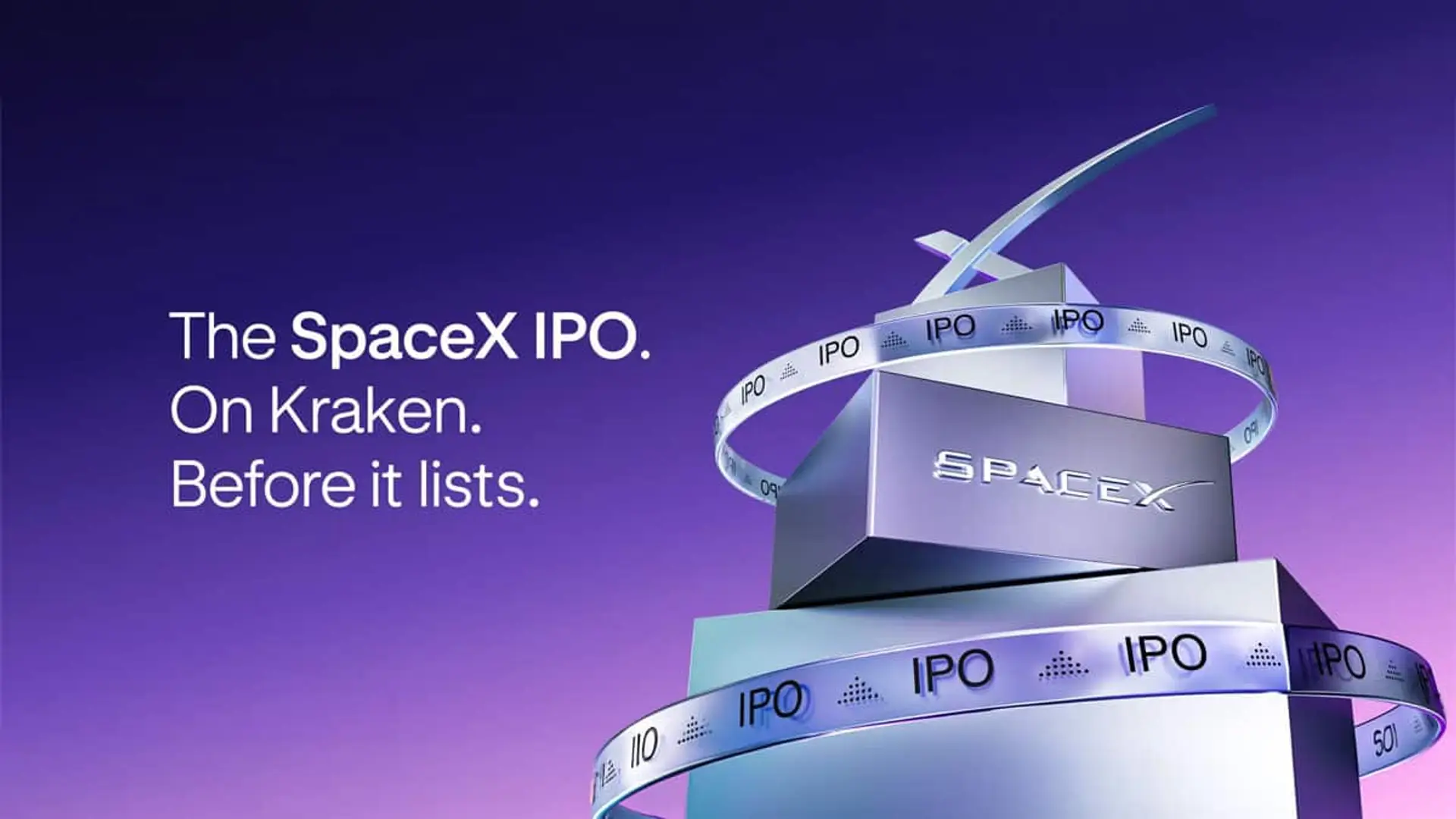 Anuncio de Kraken sobre la IPO de SpaceX con el logotipo de SpaceX sobre una estructura metálica y cintas con la palabra IPO