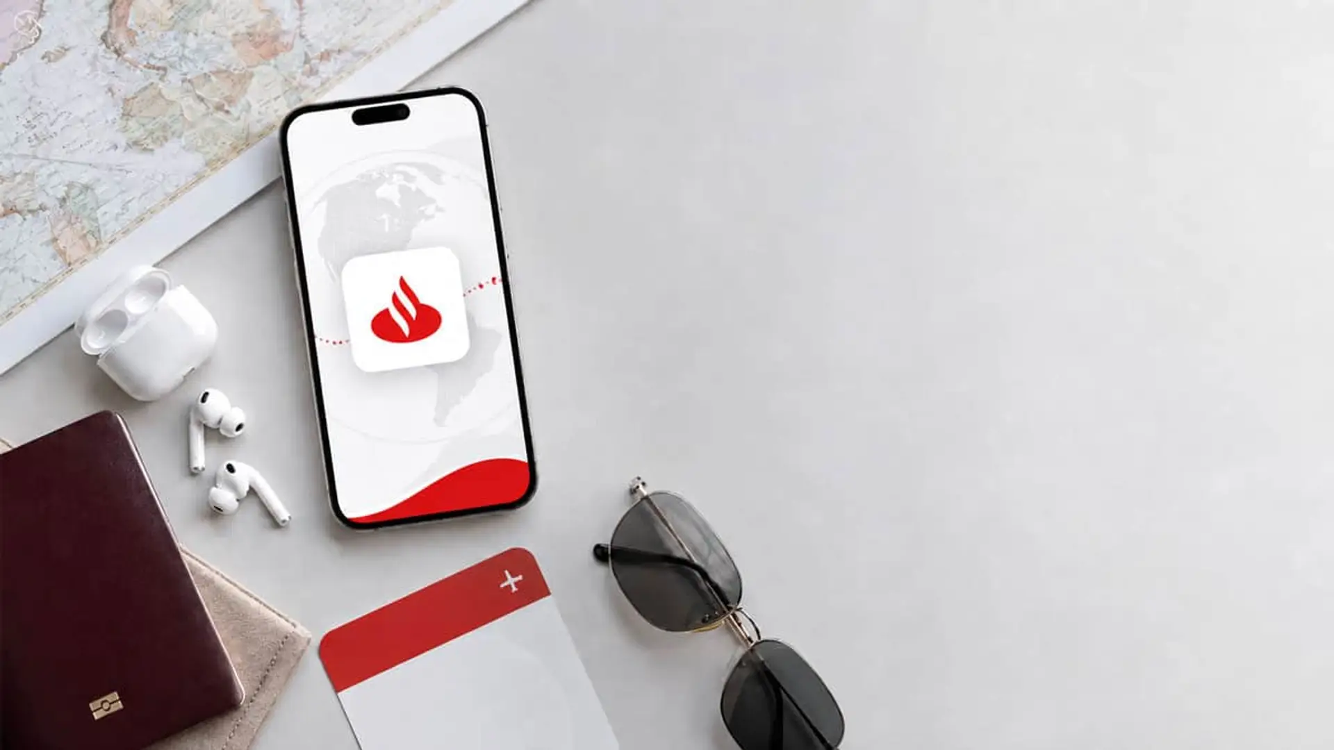 Aplicación móvil de Banco Santander para gestionar pagos y finanzas durante un viaje internacional.