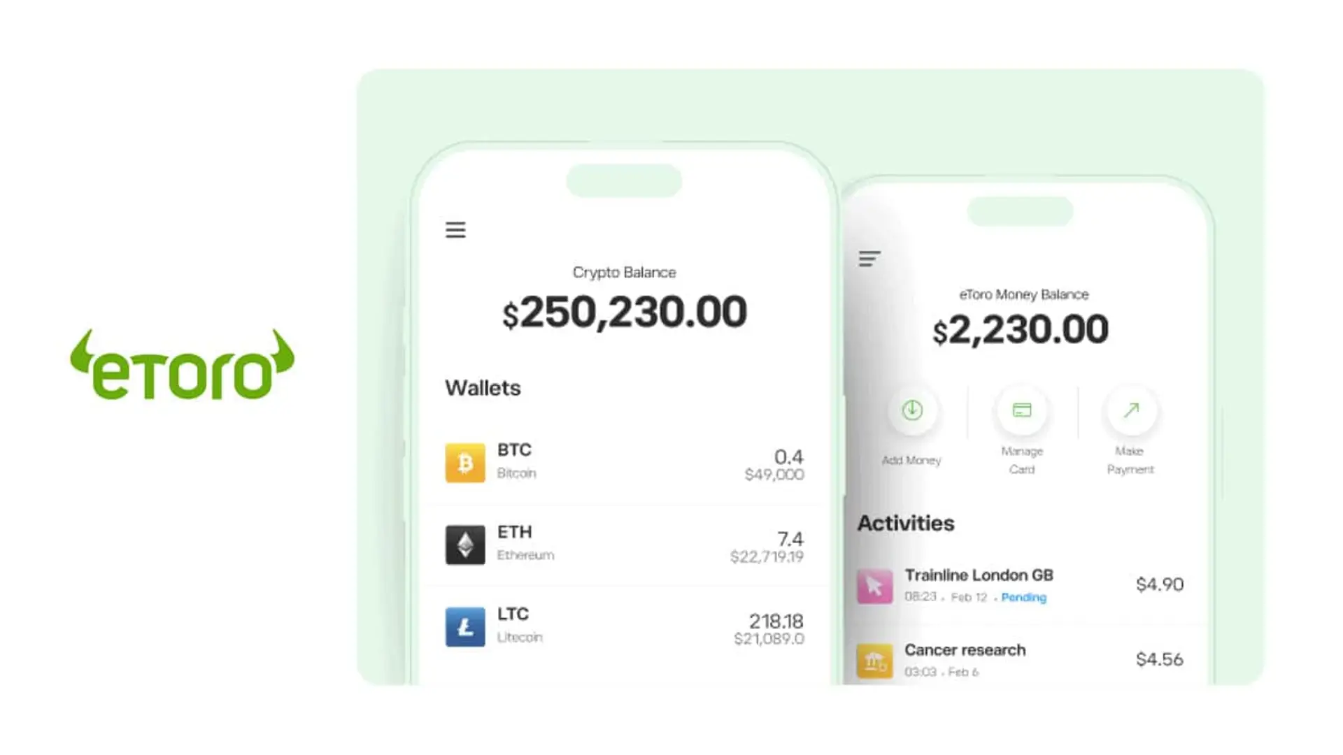 De Bitcoin a la Bolsa: eToro te devuelve el 1% en acciones si conviertes tus criptomonedas a euros Interfaz de la app de inversión eToro, mostrando una cartera de criptomonedas (Bitcoin, ETH) y la cuenta de eToro Money.