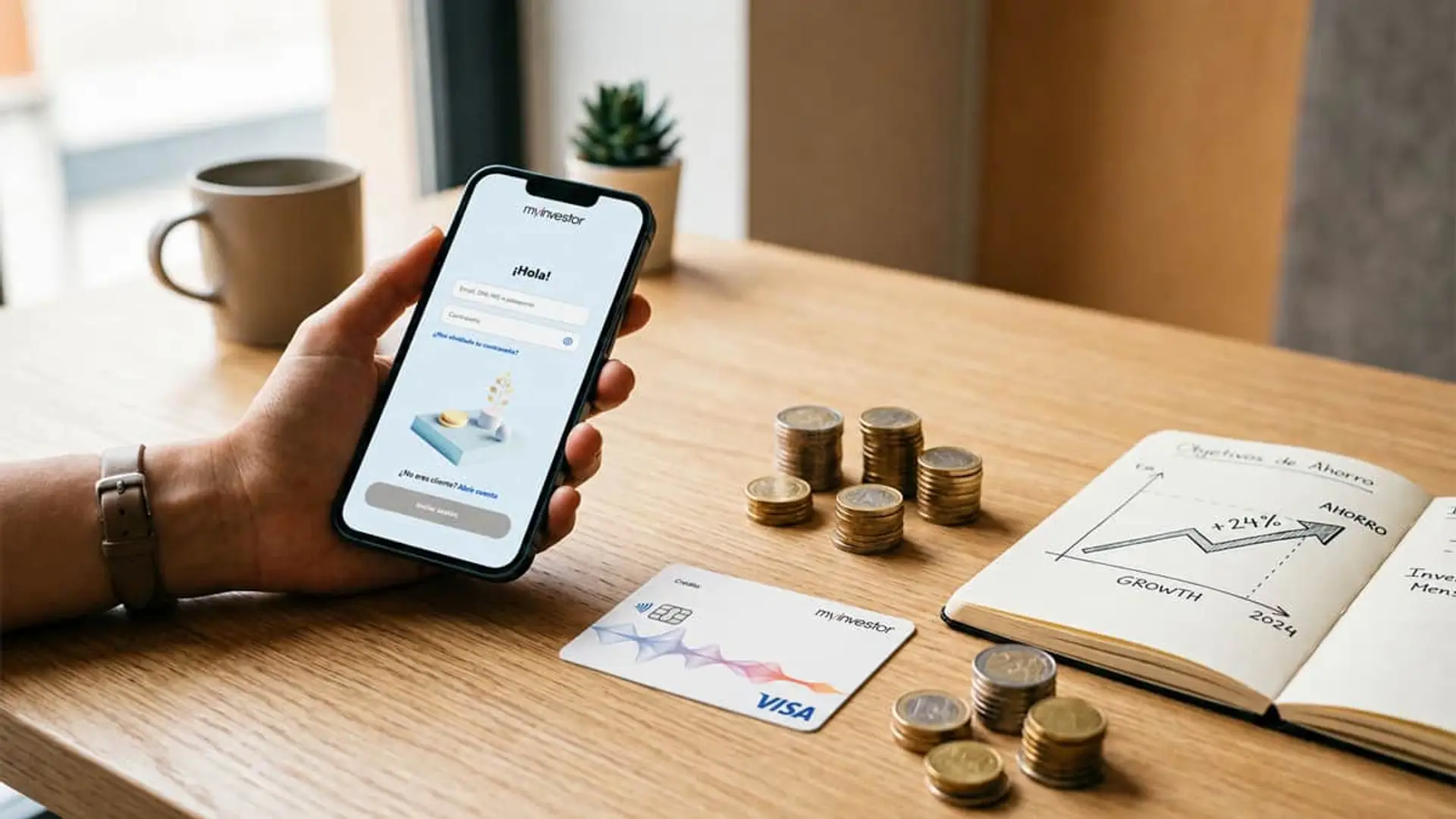 MyInvestor alcanza el millón de clientes con el saldo medio más alto entre los neobancos App de MyInvestor en móvil junto a monedas, tarjeta bancaria y gráfico de crecimiento financiero.