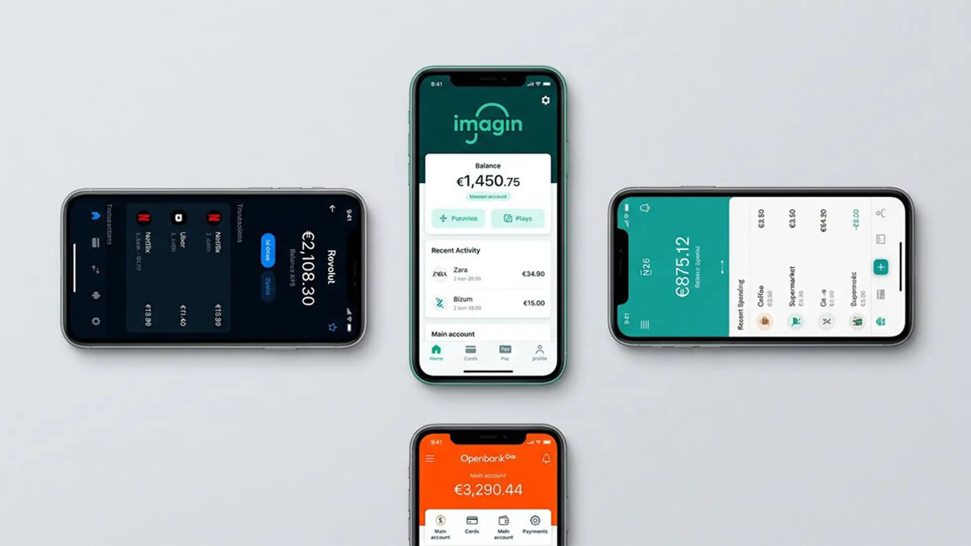 Apps de banca digital y neobancos en smartphones con interfaces de gestión financiera y pagos móviles.