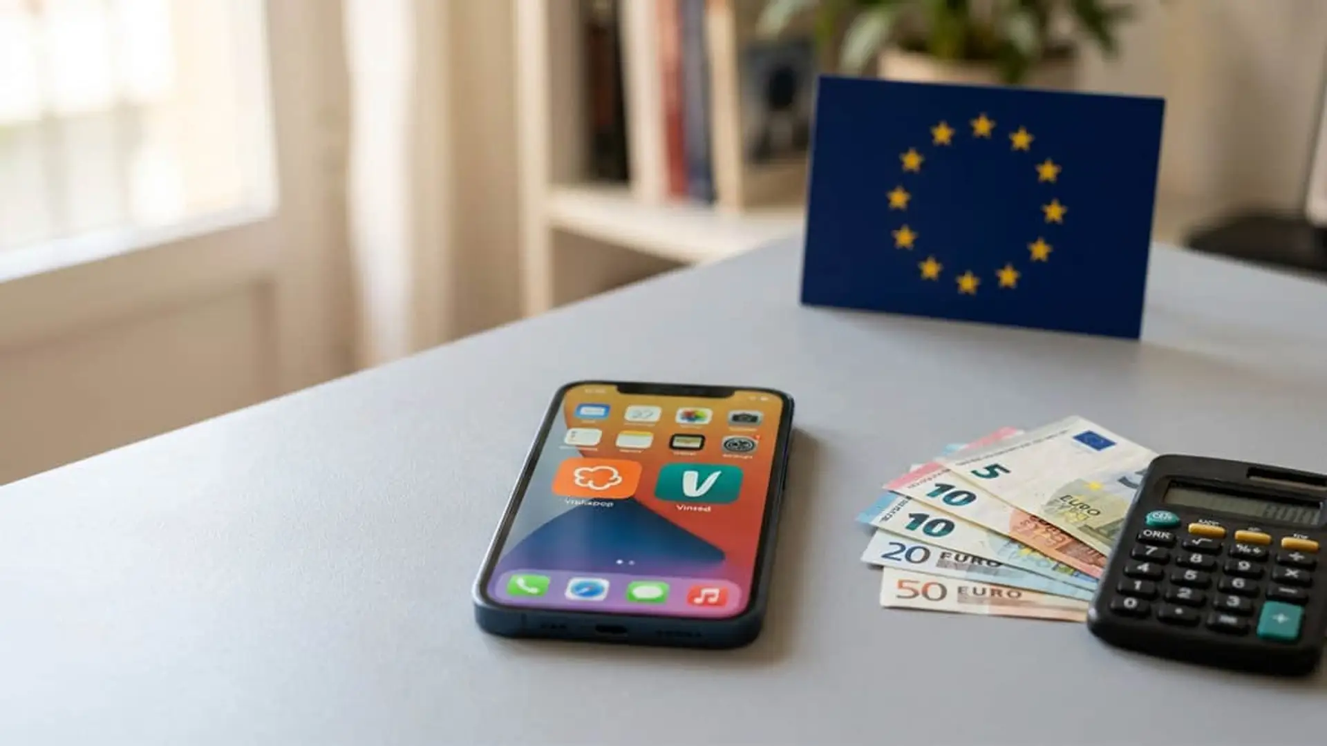 Móvil con apps de compraventa Vinted y Wallapop, billetes en euros, calculadora y bandera de la Unión Europea