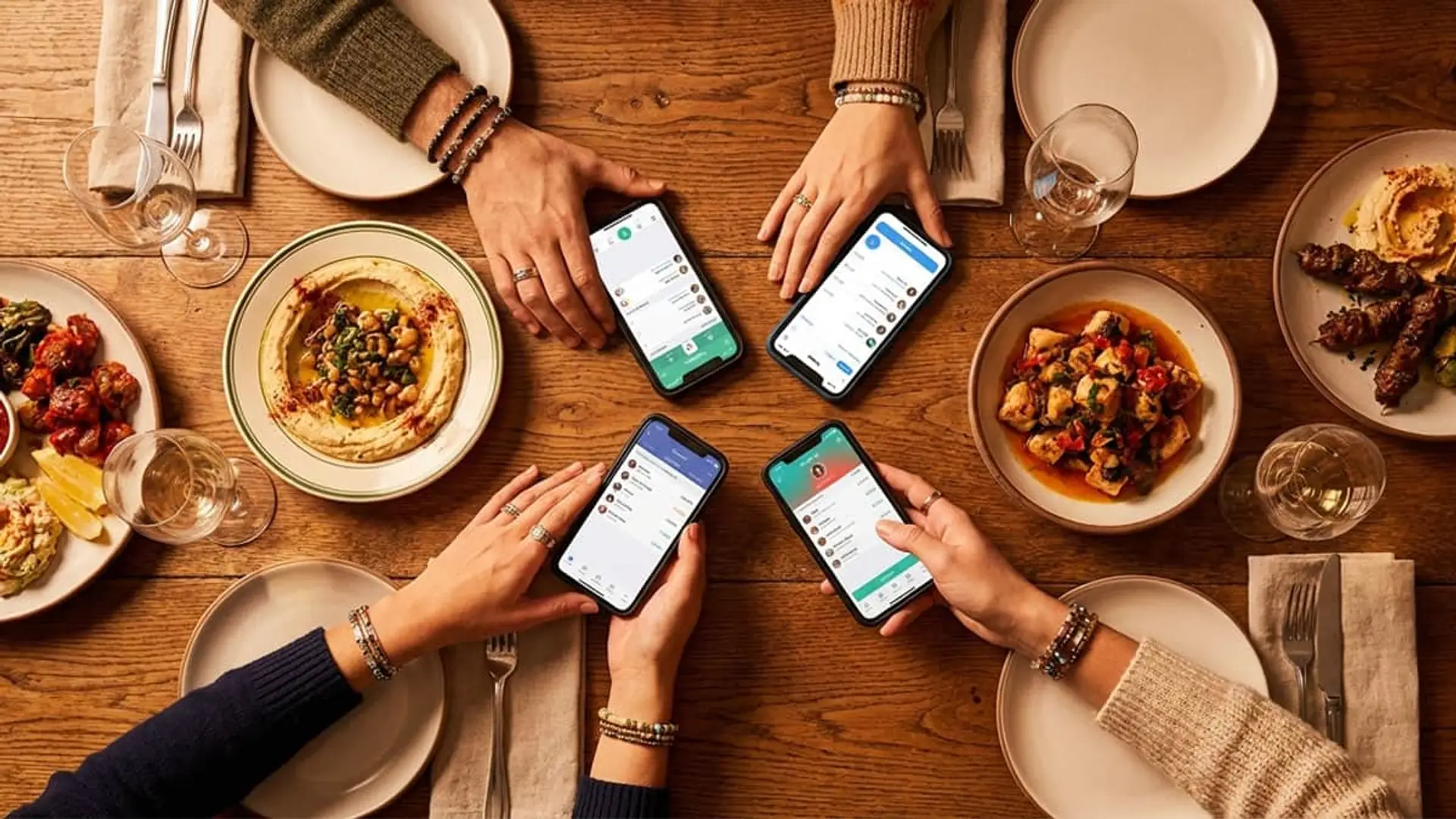 Cena, viaje o piso compartido: la app para dividir gastos que conviene en cada caso Amigos comparten cena y revisan apps de pago móvil en sus teléfonos sobre una mesa con platos mediterráneos