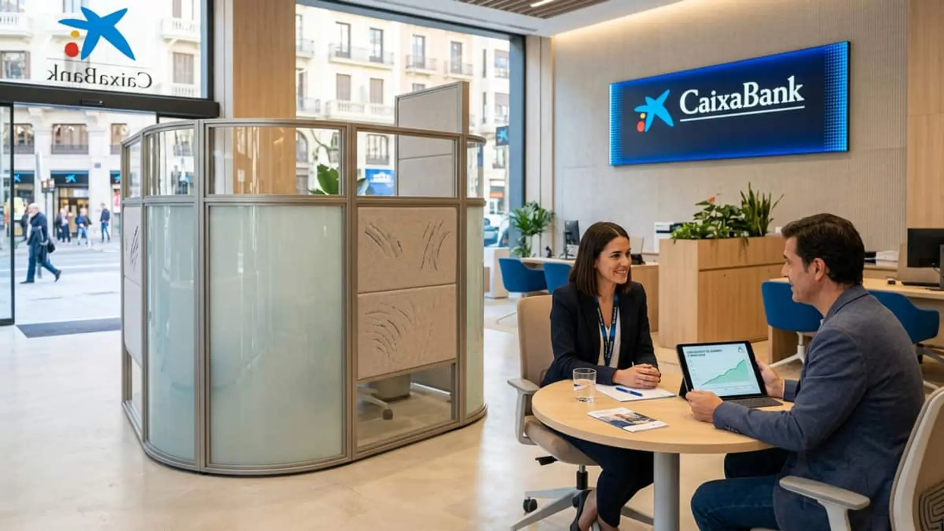 Asesora de CaixaBank reunida con un cliente que sostiene una tablet dentro de una oficina bancaria