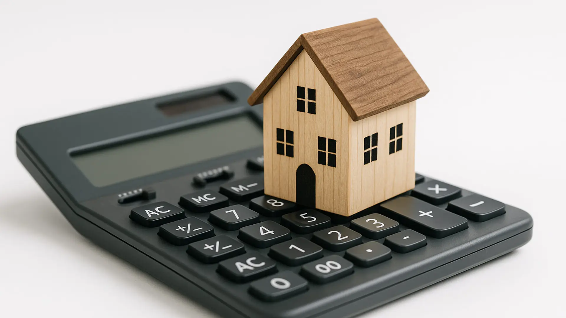 Así son las hipotecas fija y variable más baratas de agosto Casa de madera sobre una calculadora, concepto para calcular el coste de la hipoteca de una vivienda.