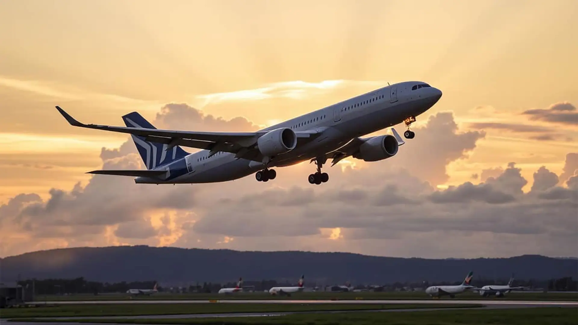 Avión comercial despegando de la pista de un aeropuerto al atardecer para representar los viajes internacionales.