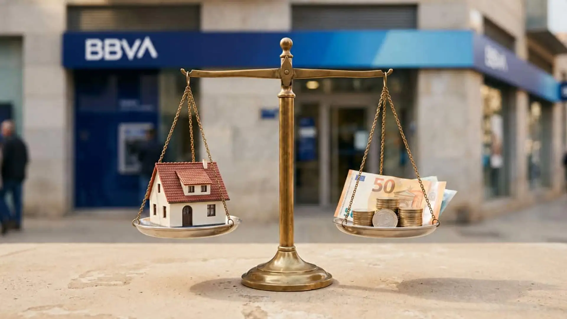 Balanza con una casa en un lado y billetes y monedas de euro en el otro frente a una oficina de BBVA