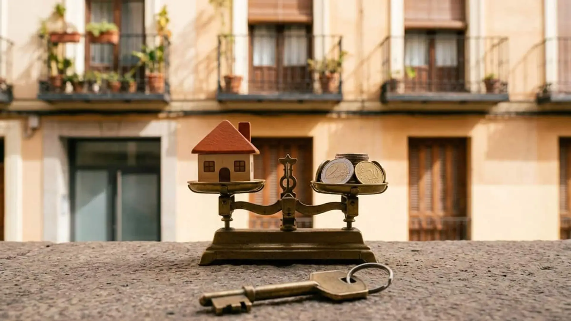 Balanza con una casa y monedas de euro junto a una llave frente a un edificio de viviendas
