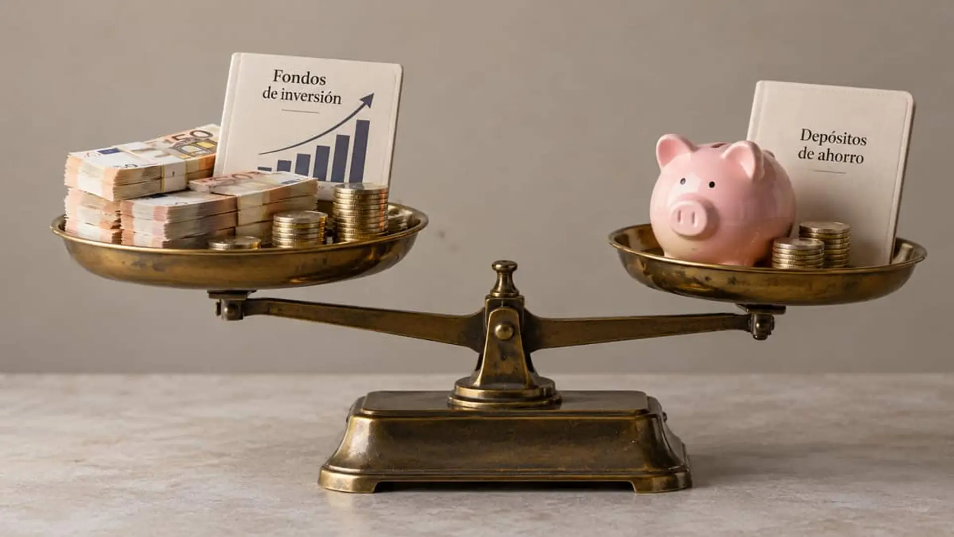 Balanza con dinero y fondos de inversión frente a una hucha, monedas y depósitos de ahorro