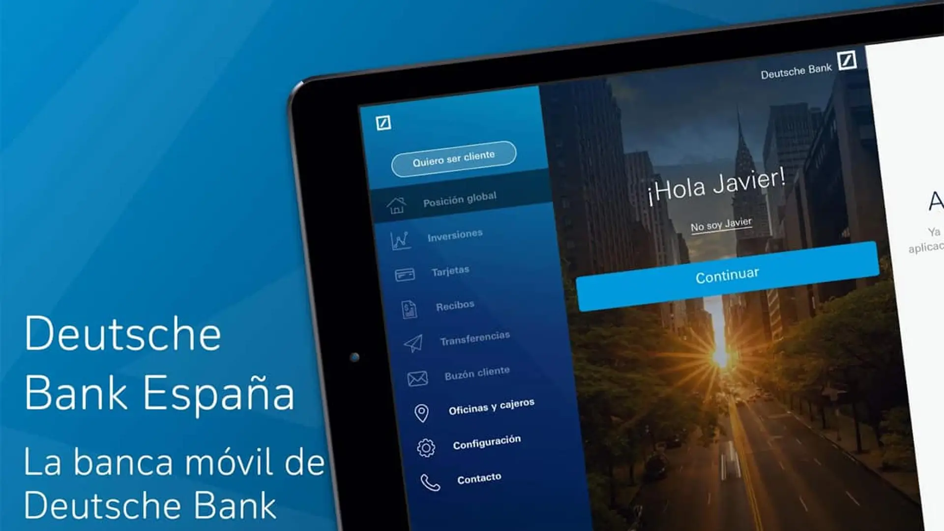 Interfaz de la banca móvil de Deutsche Bank en una tablet con menú de navegación visible.