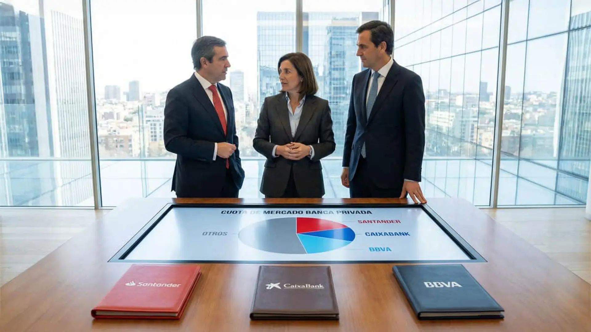 Directivos ficticios de banca privada analizando la cuota de mercado de Santander CaixaBank y BBVA