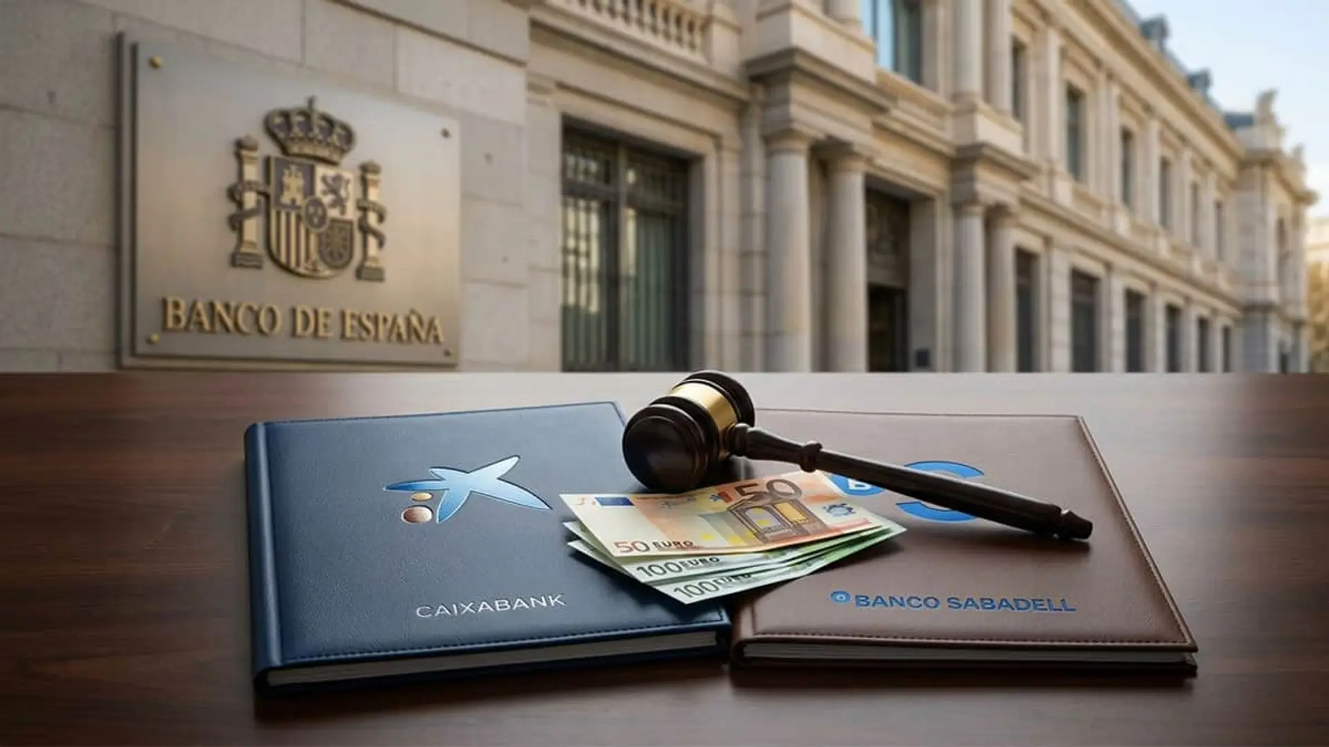 El Banco de España multa a CaixaBank y Sabadell por dar créditos que no debían y atar seguros a las hipotecas Banco de España, mazo judicial y billetes sobre carpetas de CaixaBank y Banco Sabadell